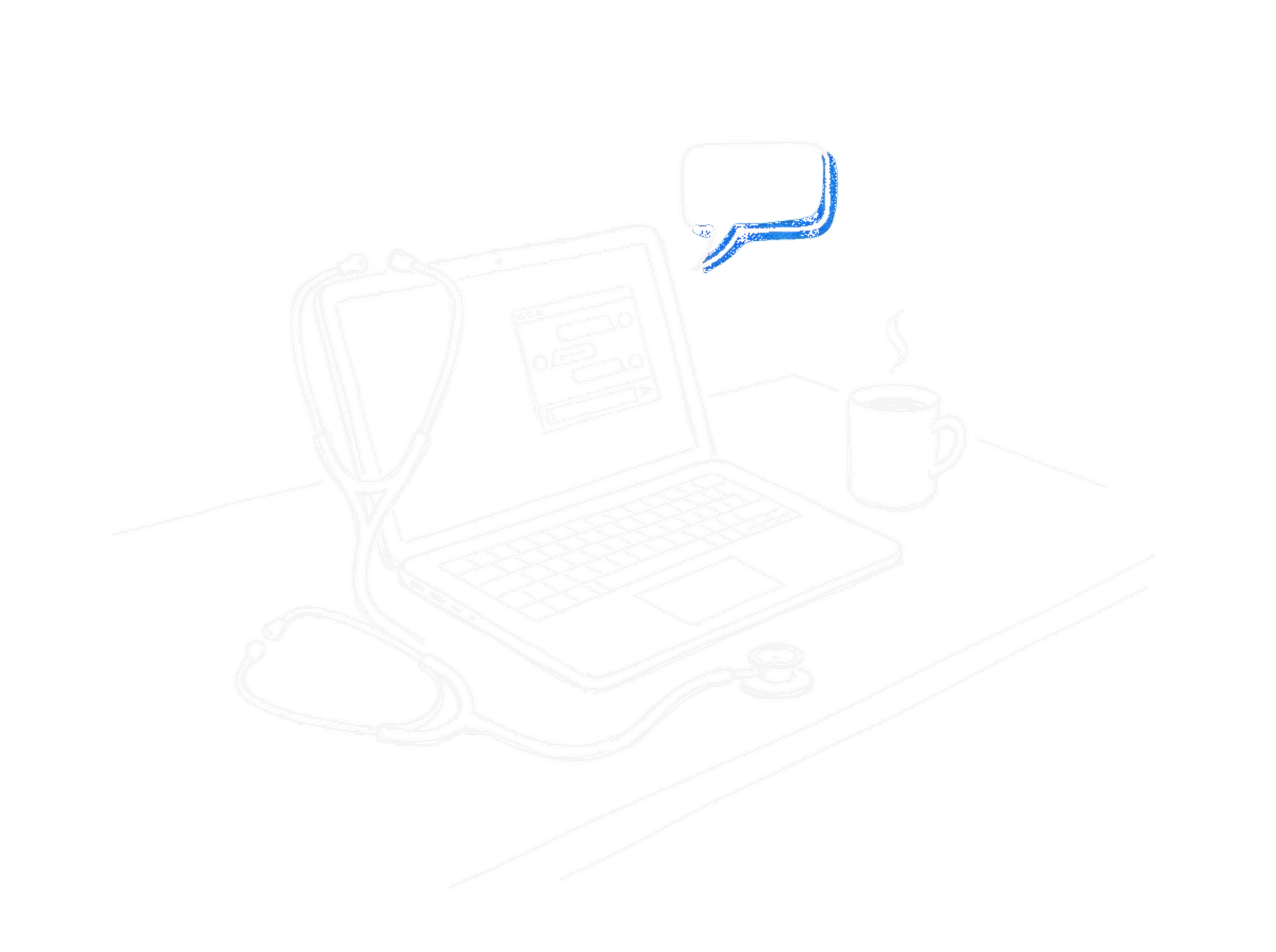 Handgezeichnete Skizze eines Stethoskops auf einem Laptop neben einer Kaffeetasse, mit einer elektroblauen Chat-Sprechblase (Dark Mode)