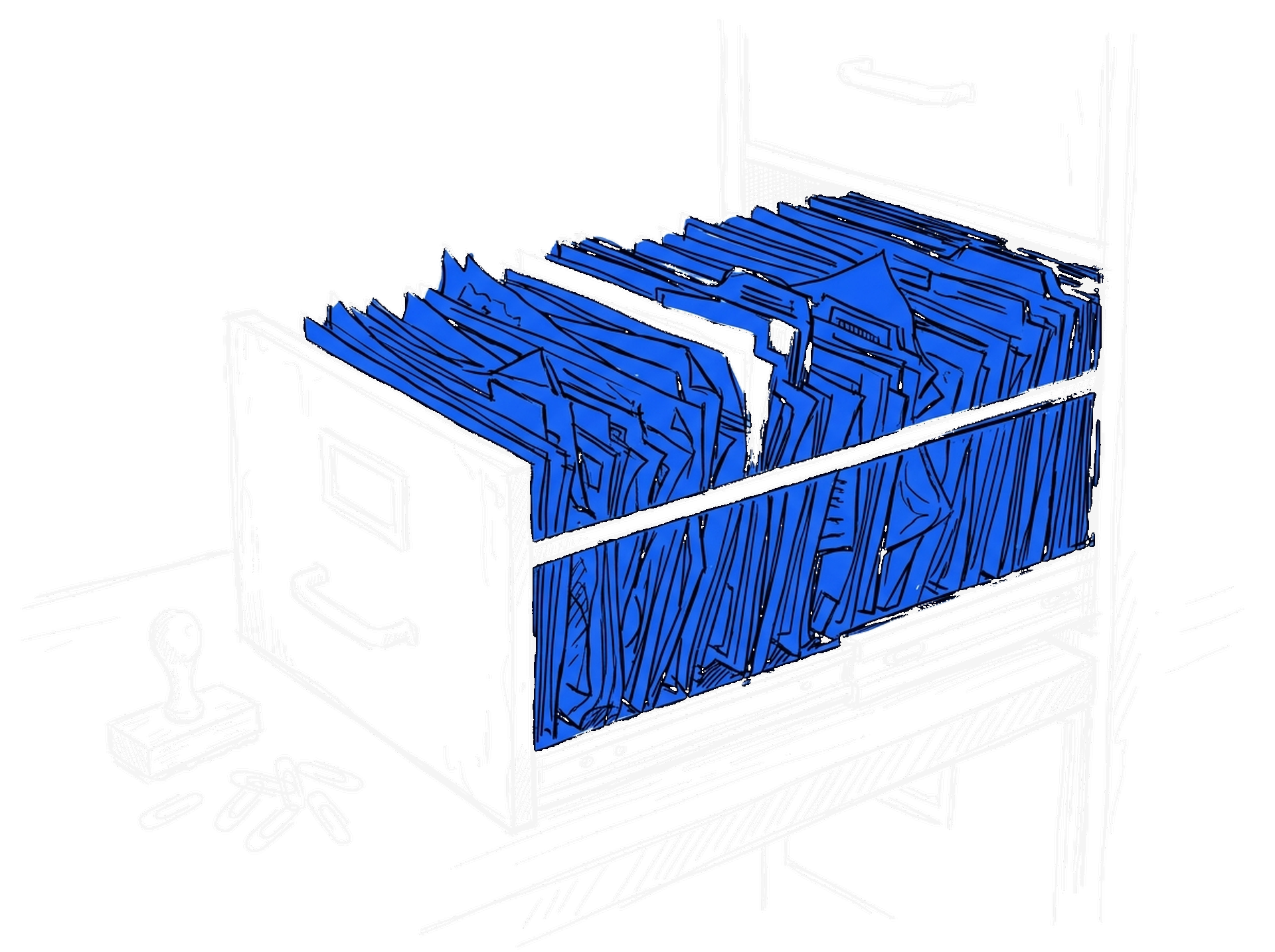 Tuschskizze eines offenen Aktenschranks, dessen Schublade voller elektroblauer Dokumente ist, daneben Stempel und Büroklammern