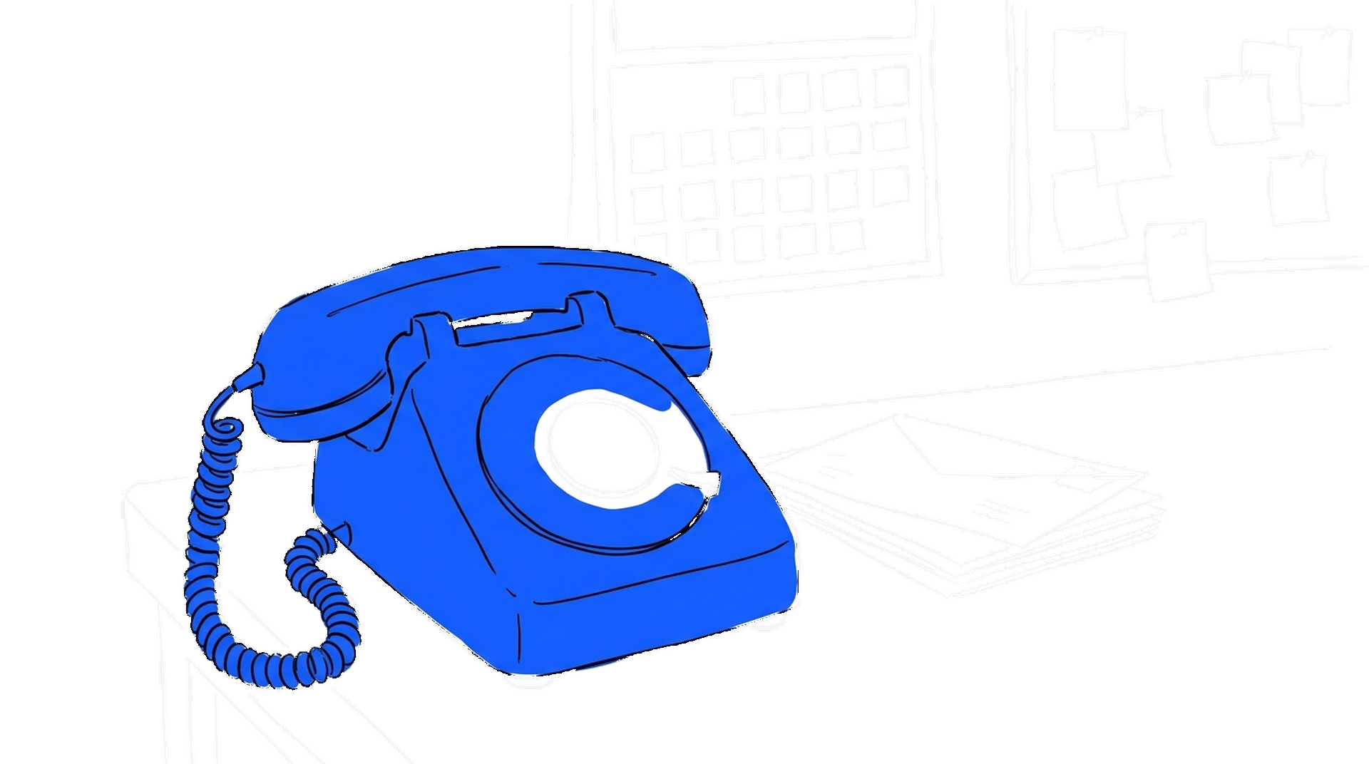 Illustration eines Tischtelefons in Elektroblau mit Wandkalender, Briefstapel und Pinnwand, kinewsletter.ch Stil