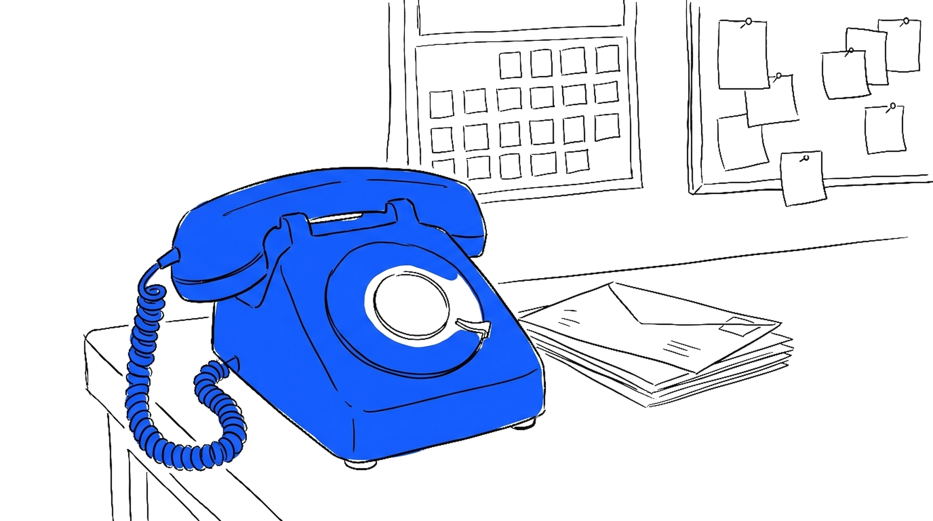 Illustration eines Tischtelefons in Elektroblau mit Wandkalender, Briefstapel und Pinnwand, kinewsletter.ch Stil
