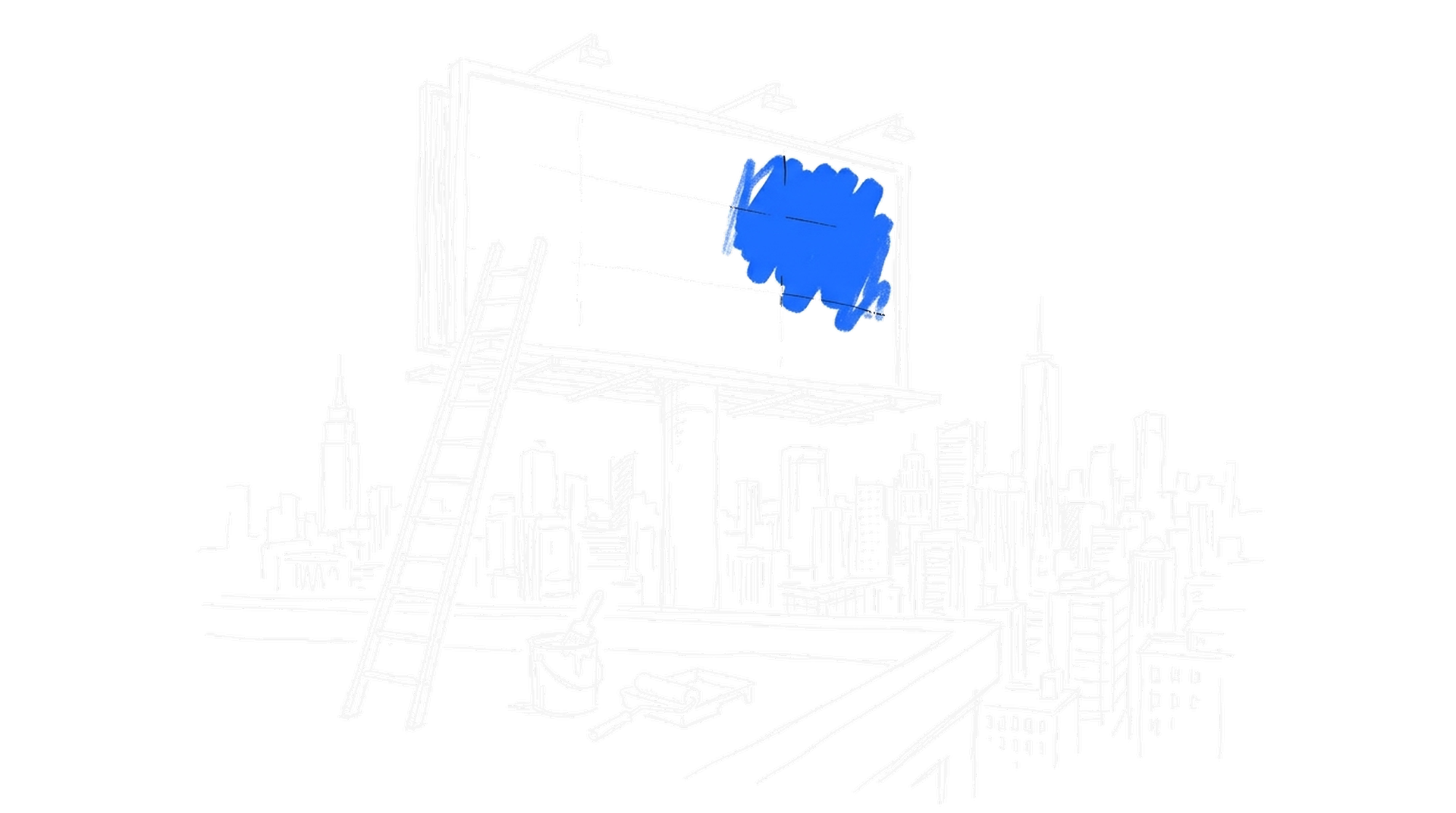 Illustration eines Rooftop-Billboards mit Leiter und Farbkessel vor Skyline, kinewsletter.ch Stil