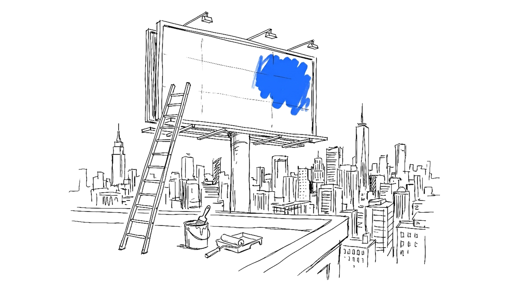 Illustration eines Rooftop-Billboards mit Leiter und Farbkessel vor Skyline, kinewsletter.ch Stil