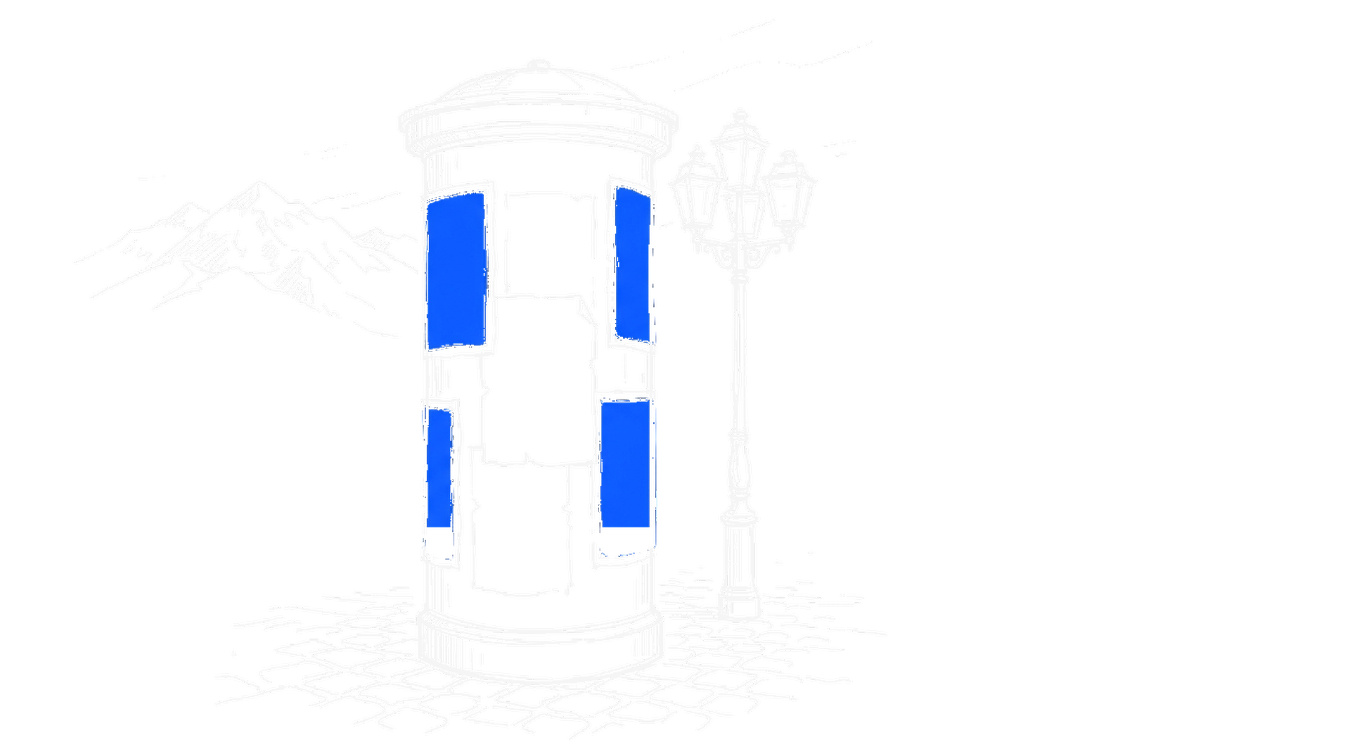 Illustration einer Litfasssäule mit leeren Plakaten vor einem Alpenkamm, kinewsletter.ch Stil