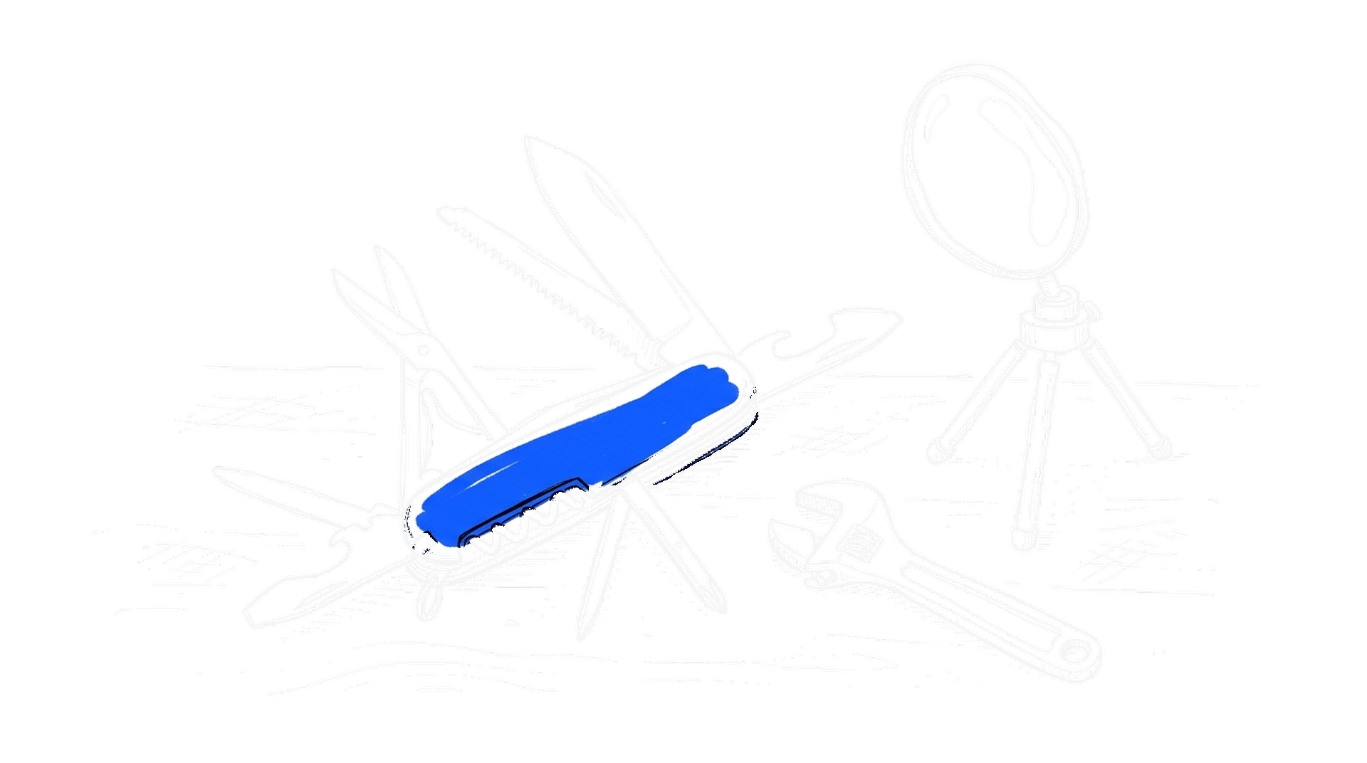 Handgezeichnetes Multi-Tool-Taschenmesser mit Lupe und Schraubenschluessel, kinewsletter.ch Stil