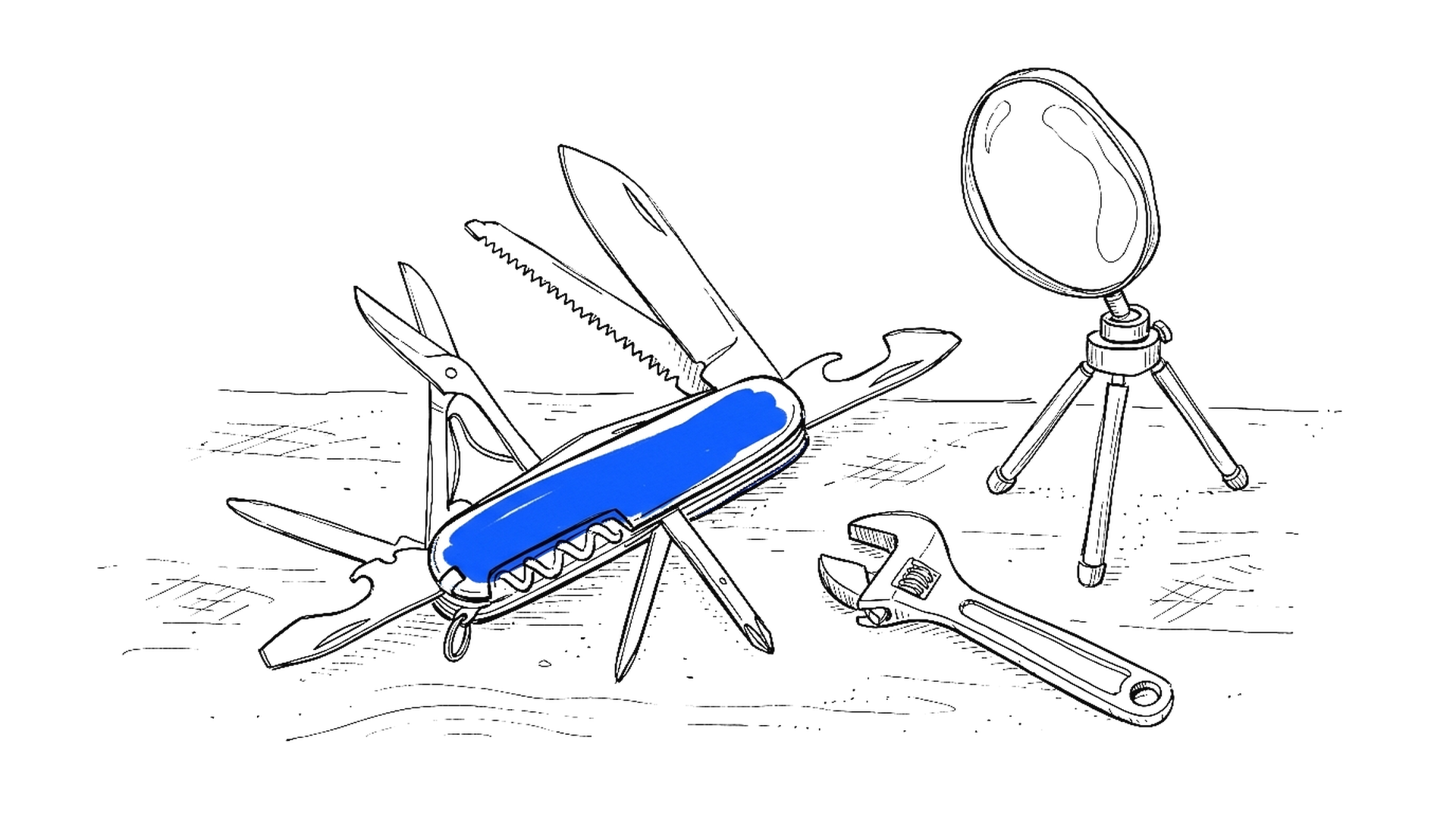 Handgezeichnetes Multi-Tool-Taschenmesser mit Lupe und Schraubenschluessel, kinewsletter.ch Stil