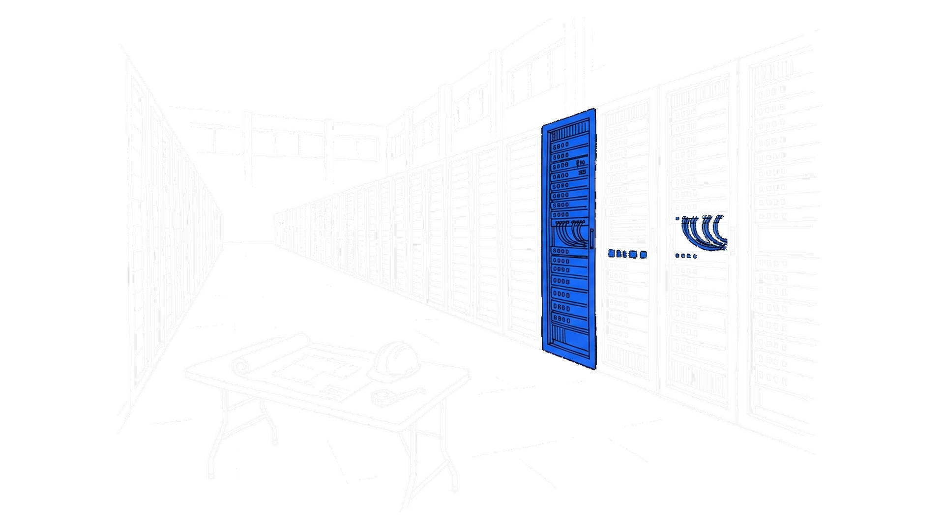 Illustration einer Serverhalle mit Bauplan, Helm und Massband, kinewsletter.ch Stil