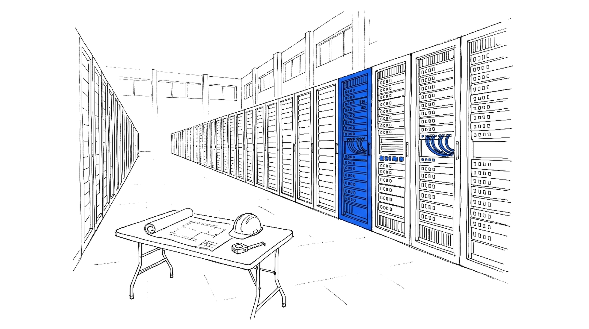 Illustration einer Serverhalle mit Bauplan, Helm und Massband, kinewsletter.ch Stil