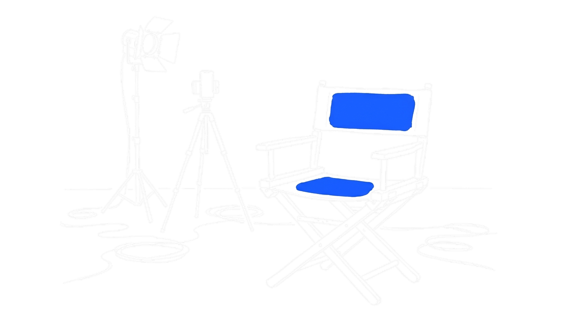 Illustration eines leeren Filmstudios mit verwaistem Regiestuhl und vertikalem Smartphone auf einem Stativ, kinewsletter.ch Stil
