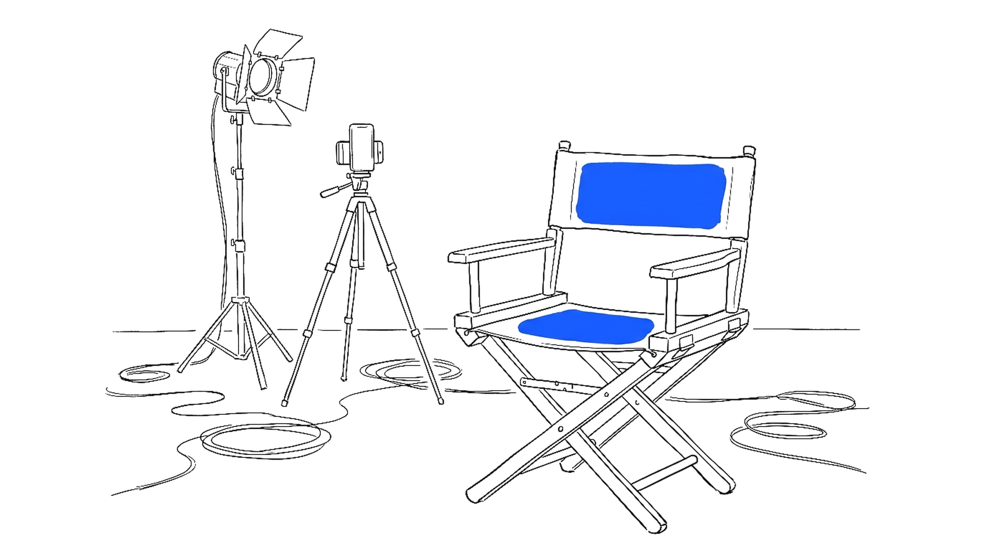 Illustration eines leeren Filmstudios mit verwaistem Regiestuhl und vertikalem Smartphone auf einem Stativ, kinewsletter.ch Stil