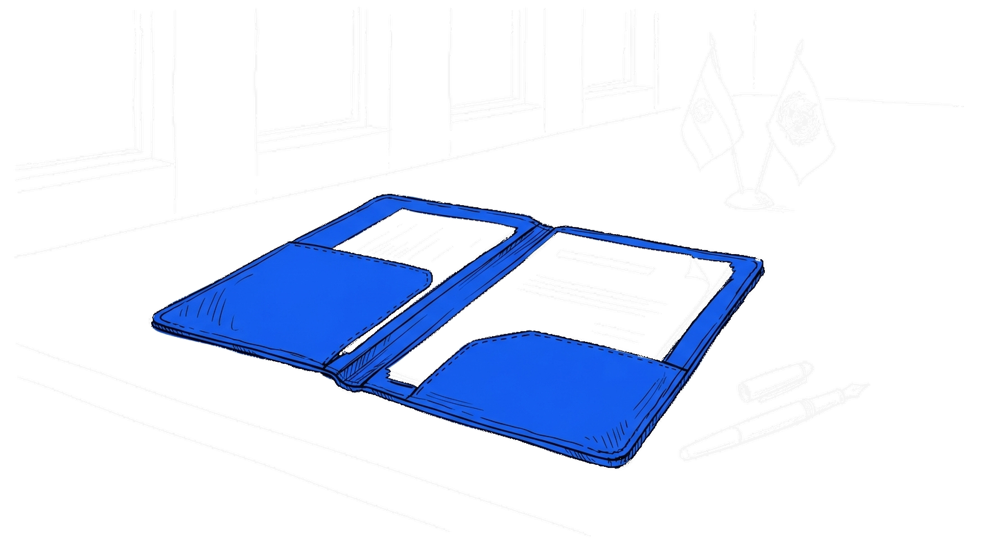 Illustration von Vertragsmappe und Füllfederhalter auf einem Signiertisch, kinewsletter.ch Stil