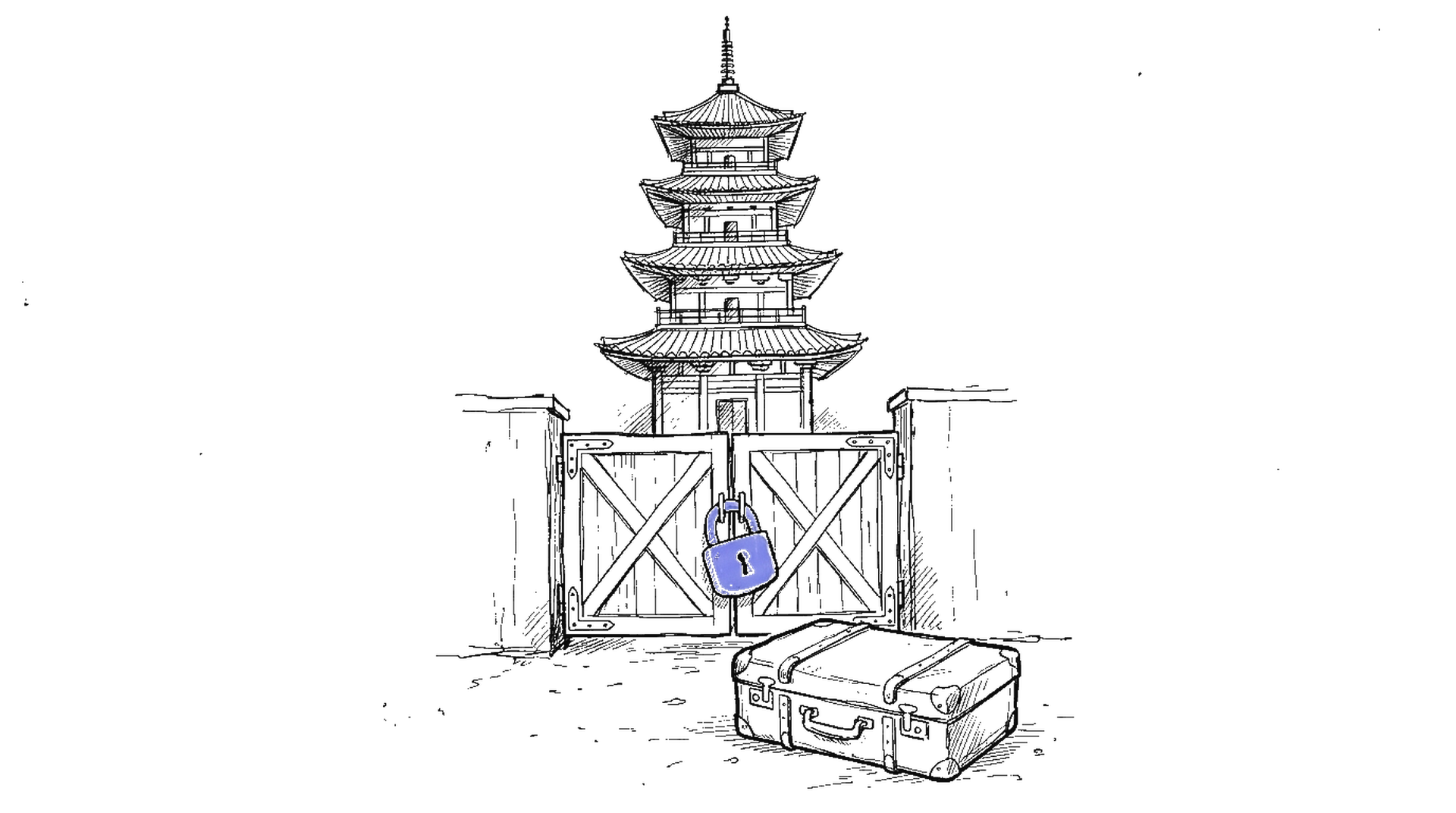 Skizze chinesische Pagode mit verschlossenem Tor und blauem Schloss und Koffer davor