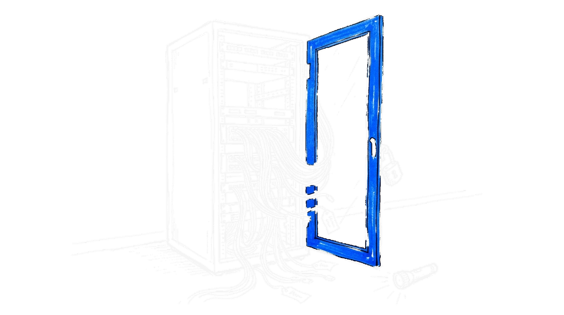 Illustration eines aufgebrochenen Serverschranks in Elektroblau mit heraushängenden Netzwerkkabeln, kinewsletter.ch Stil
