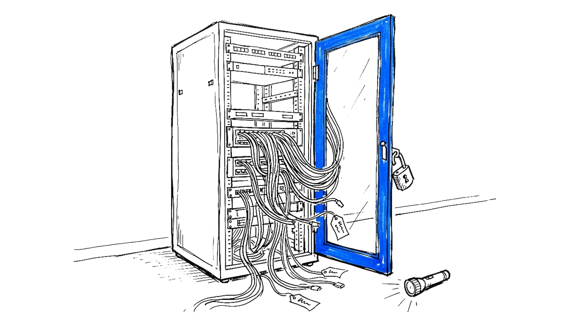 Illustration eines aufgebrochenen Serverschranks in Elektroblau mit heraushängenden Netzwerkkabeln, kinewsletter.ch Stil