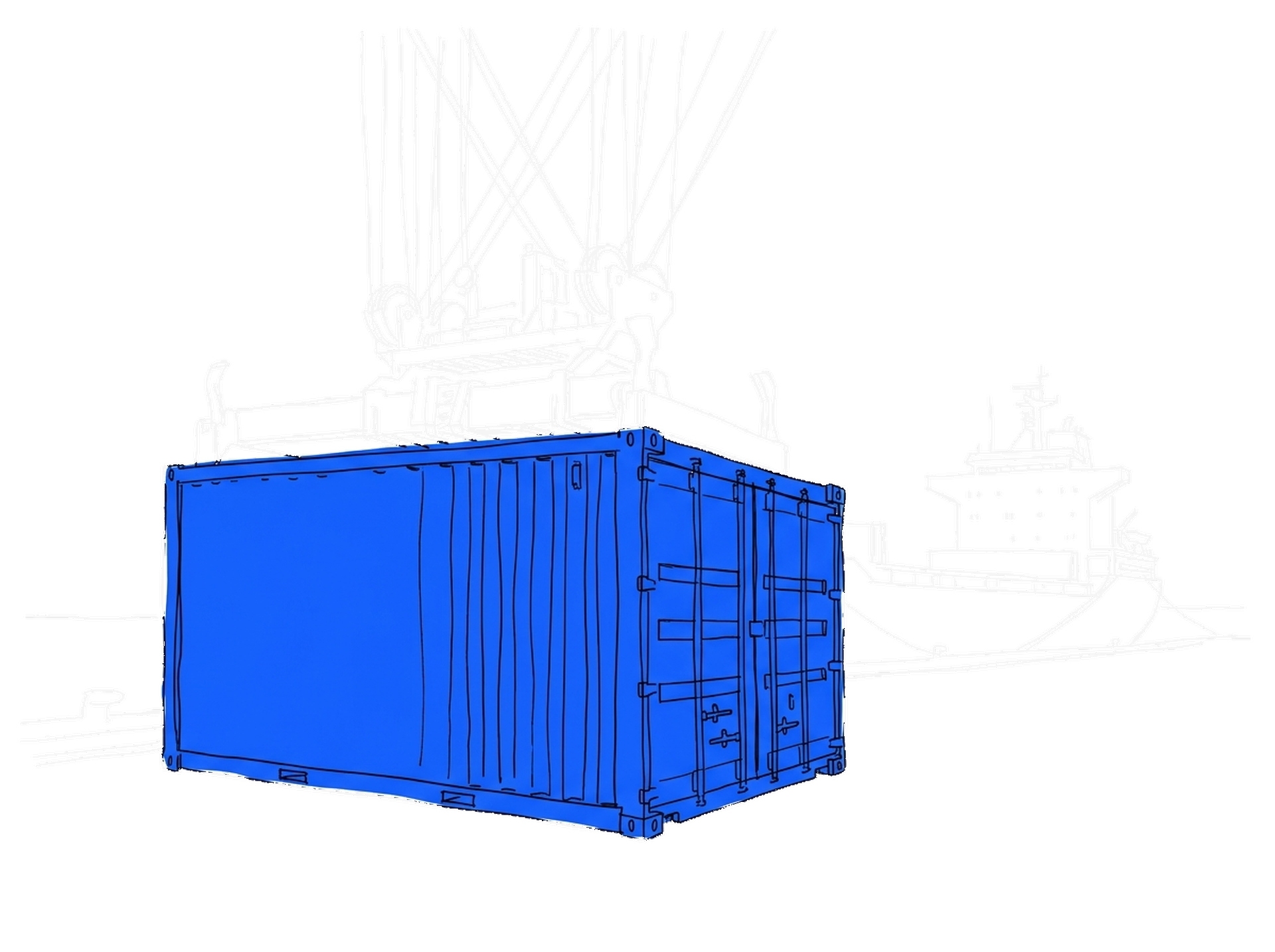 Handgezeichnete Skizze eines blauen Schiffscontainers am Hafen mit Kran und Frachtschiff, elektroblauer Akzent (Dark Mode)