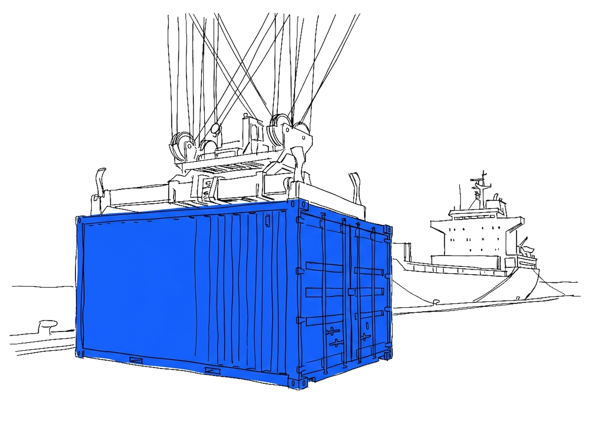 Handgezeichnete Skizze eines blauen Schiffscontainers am Hafen mit Kran und Frachtschiff, elektroblauer Akzent