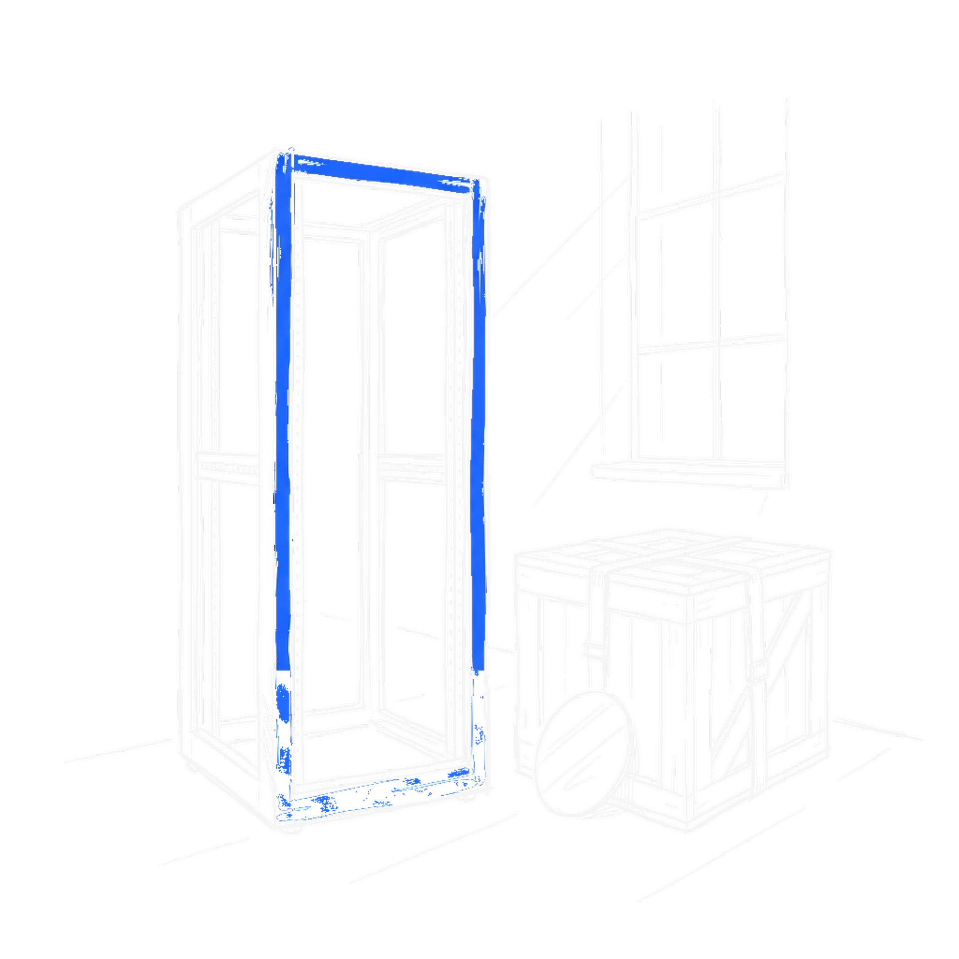 Illustration eines leeren Serverracks neben einer Versandkiste mit Silizium-Wafer, kinewsletter.ch Stil