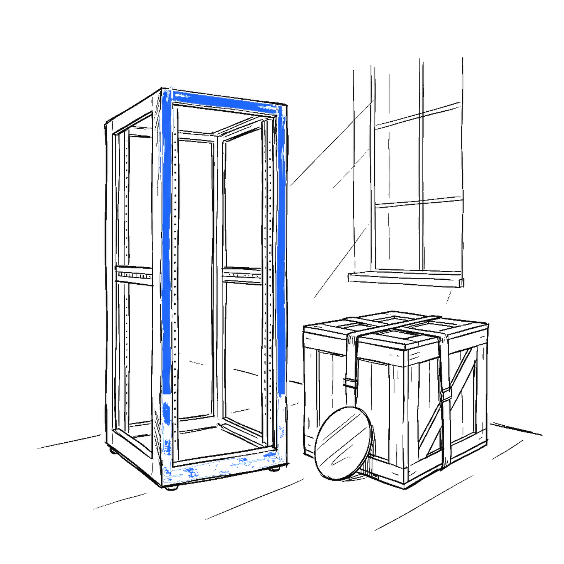 Illustration eines leeren Serverracks neben einer Versandkiste mit Silizium-Wafer, kinewsletter.ch Stil