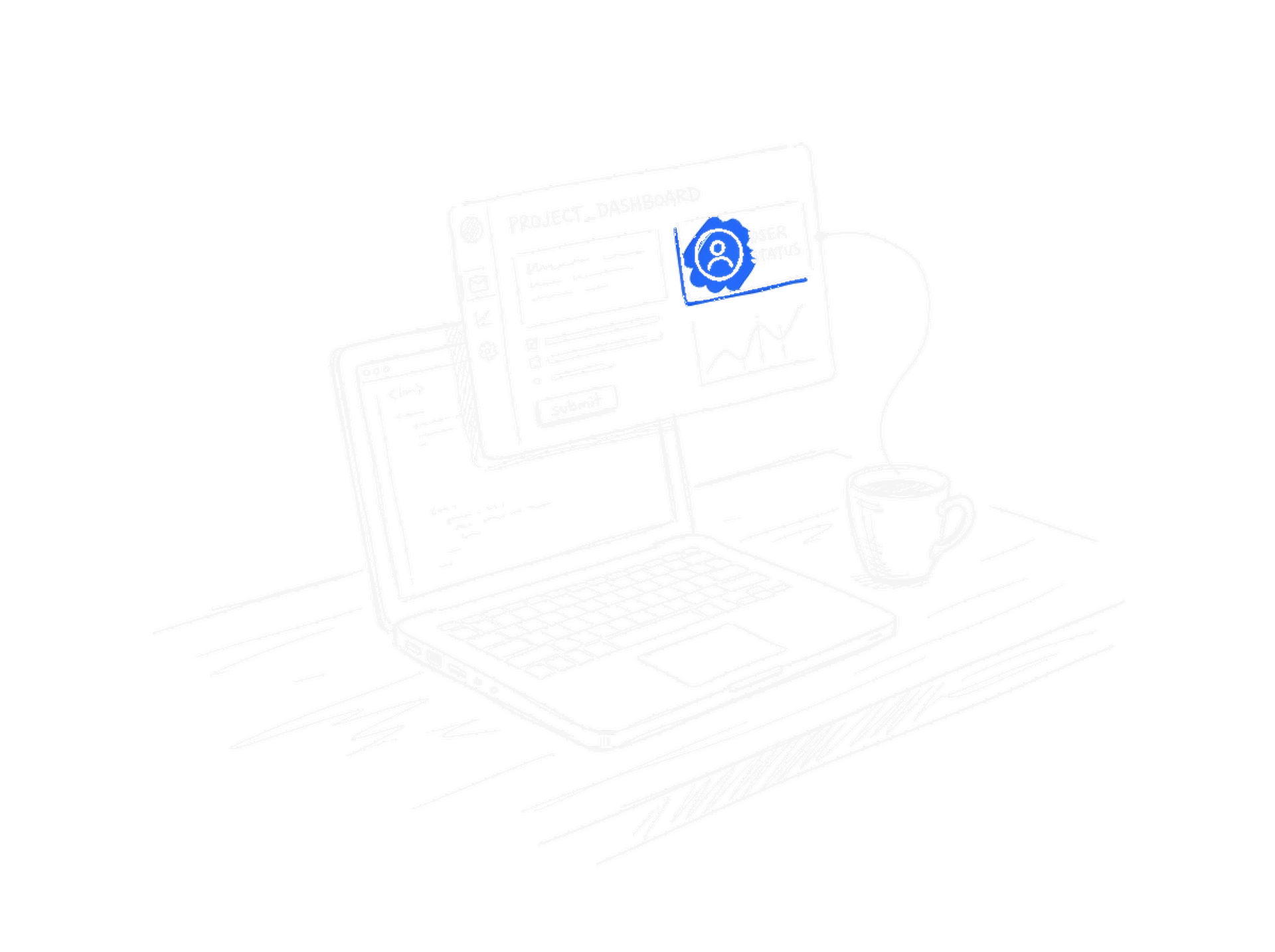 Handgezeichnete Skizze eines Laptops mit einer schwebenden interaktiven Webseiten-Karte darueber, mit elektroblauem Akzent (Dark Mode)