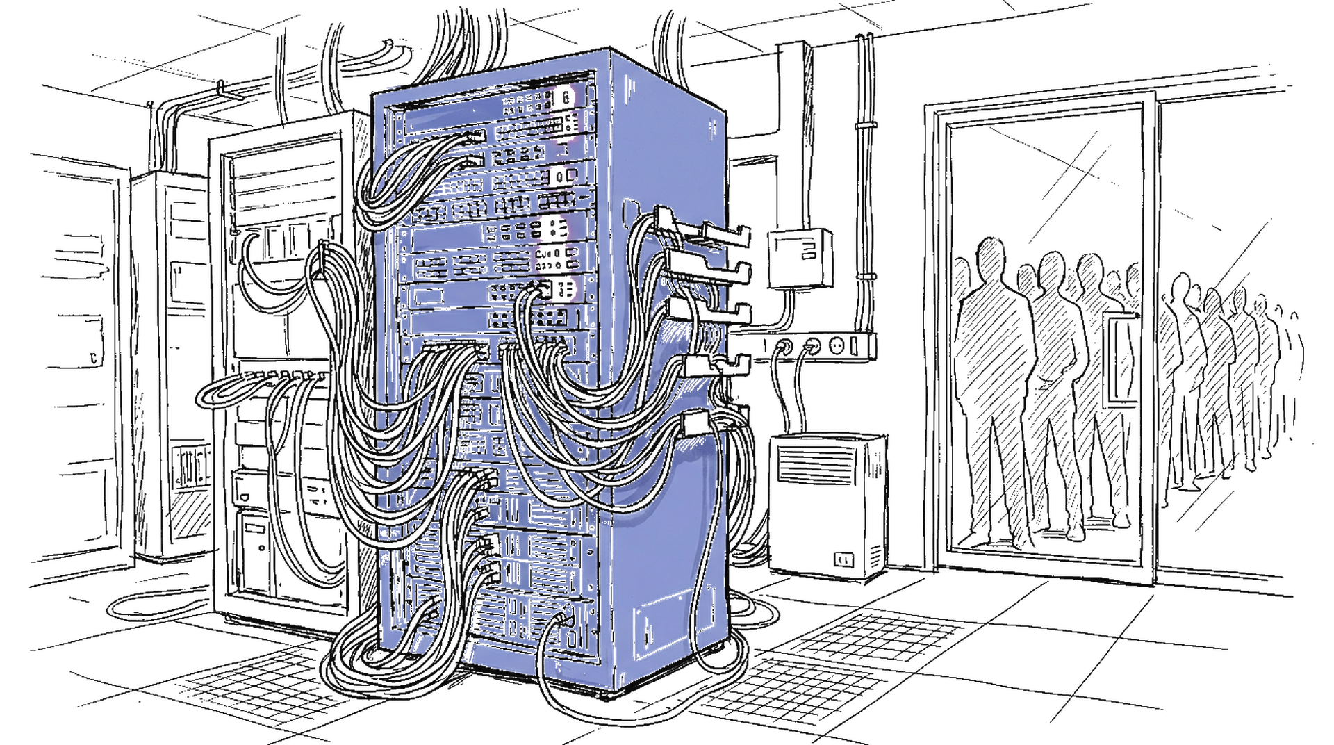 Illustration eines überlasteten Serverraums mit blinkenden Warnlichtern und Warteschlange, kinewsletter.ch Stil