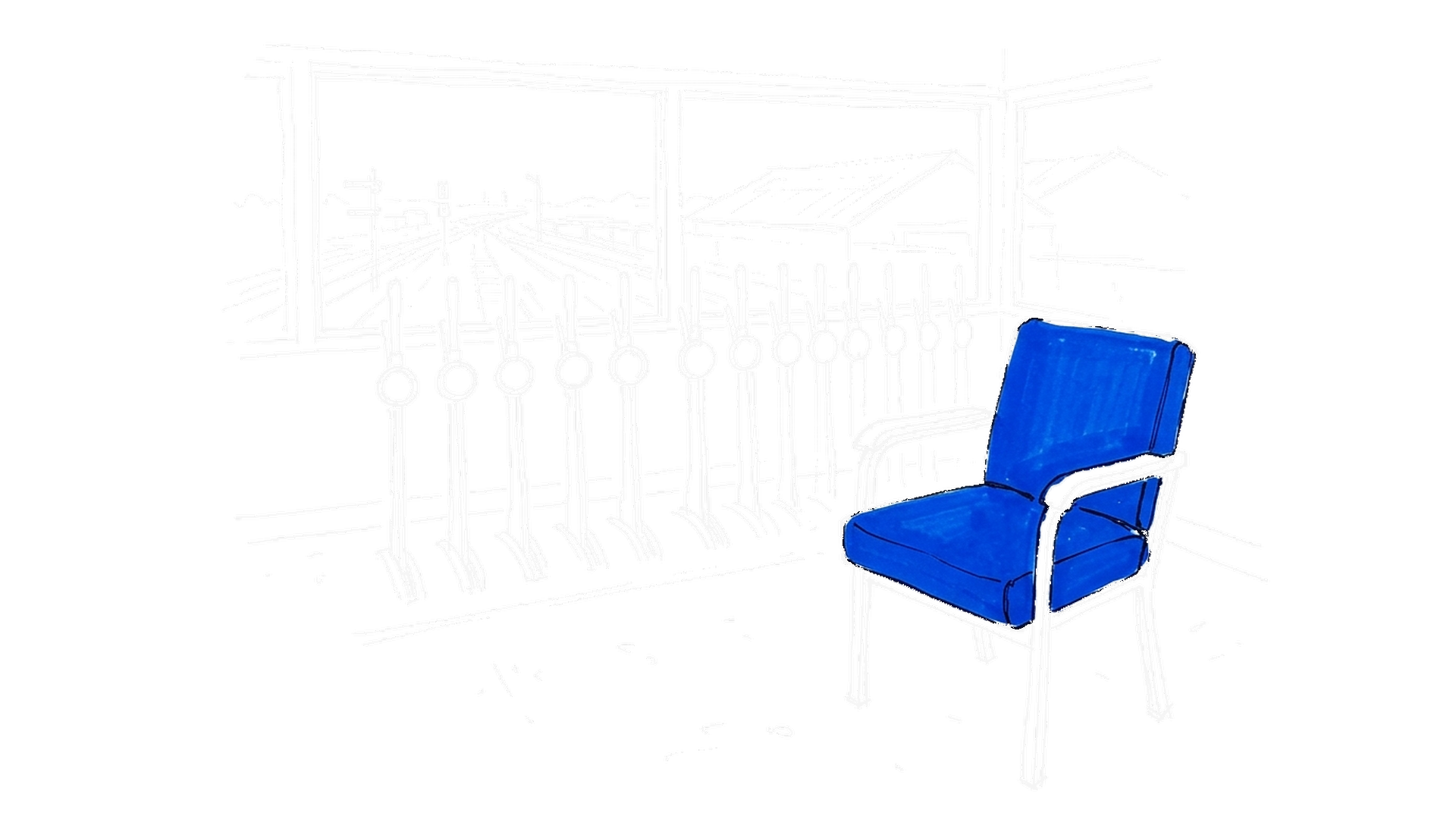 Illustration eines Stellwerks mit Hebelreihe und leerem elektroblauem Bedienstuhl, kinewsletter.ch Stil