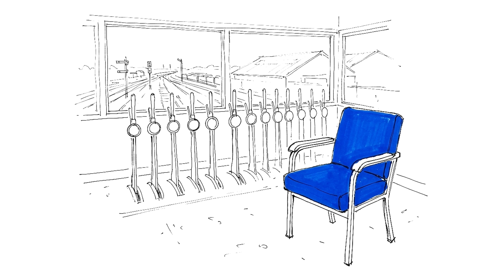 Illustration eines Stellwerks mit Hebelreihe und leerem elektroblauem Bedienstuhl, kinewsletter.ch Stil