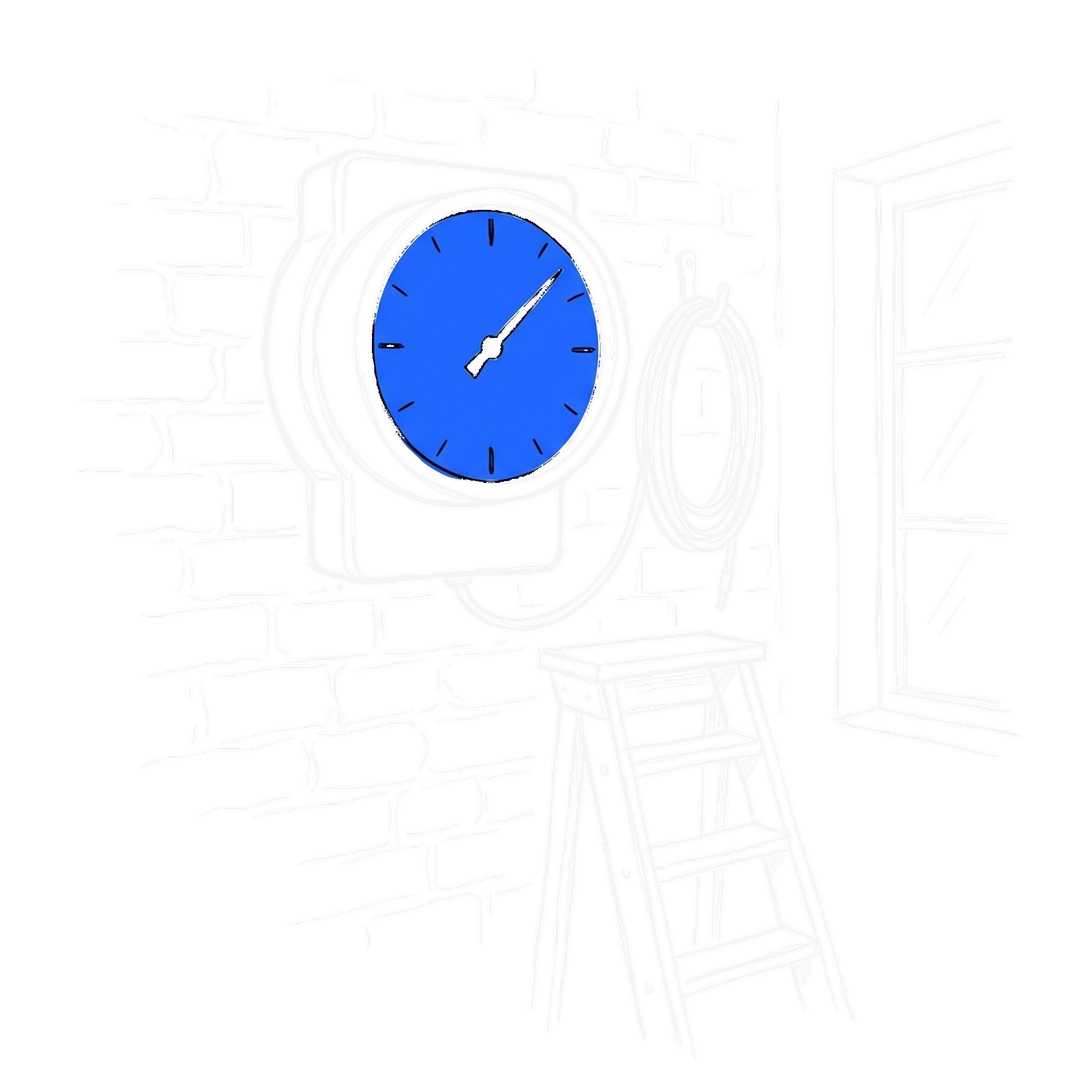 Illustration eines analogen Wandzählers mit elektroblauem Zifferblatt in einer Werkstatt, kinewsletter.ch Stil