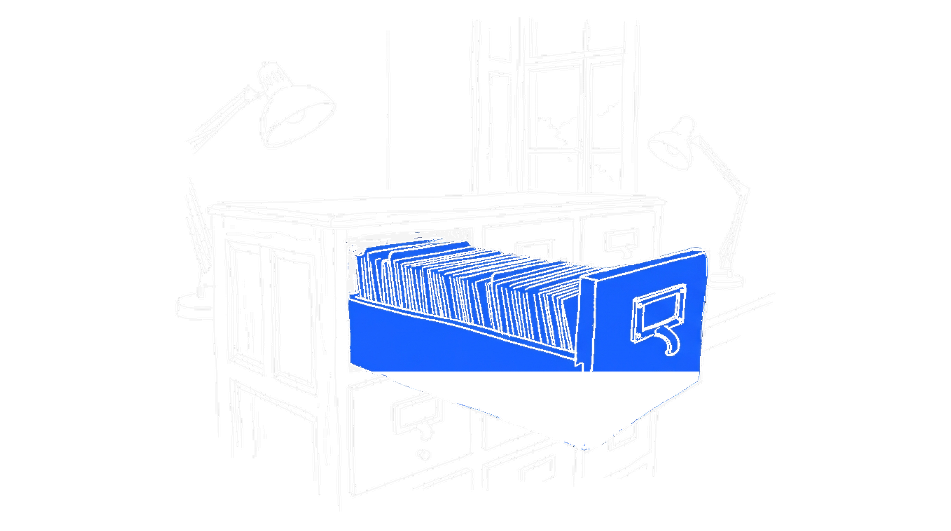 Illustration eines Karteikartenschranks mit offener Schublade, kinewsletter.ch Stil