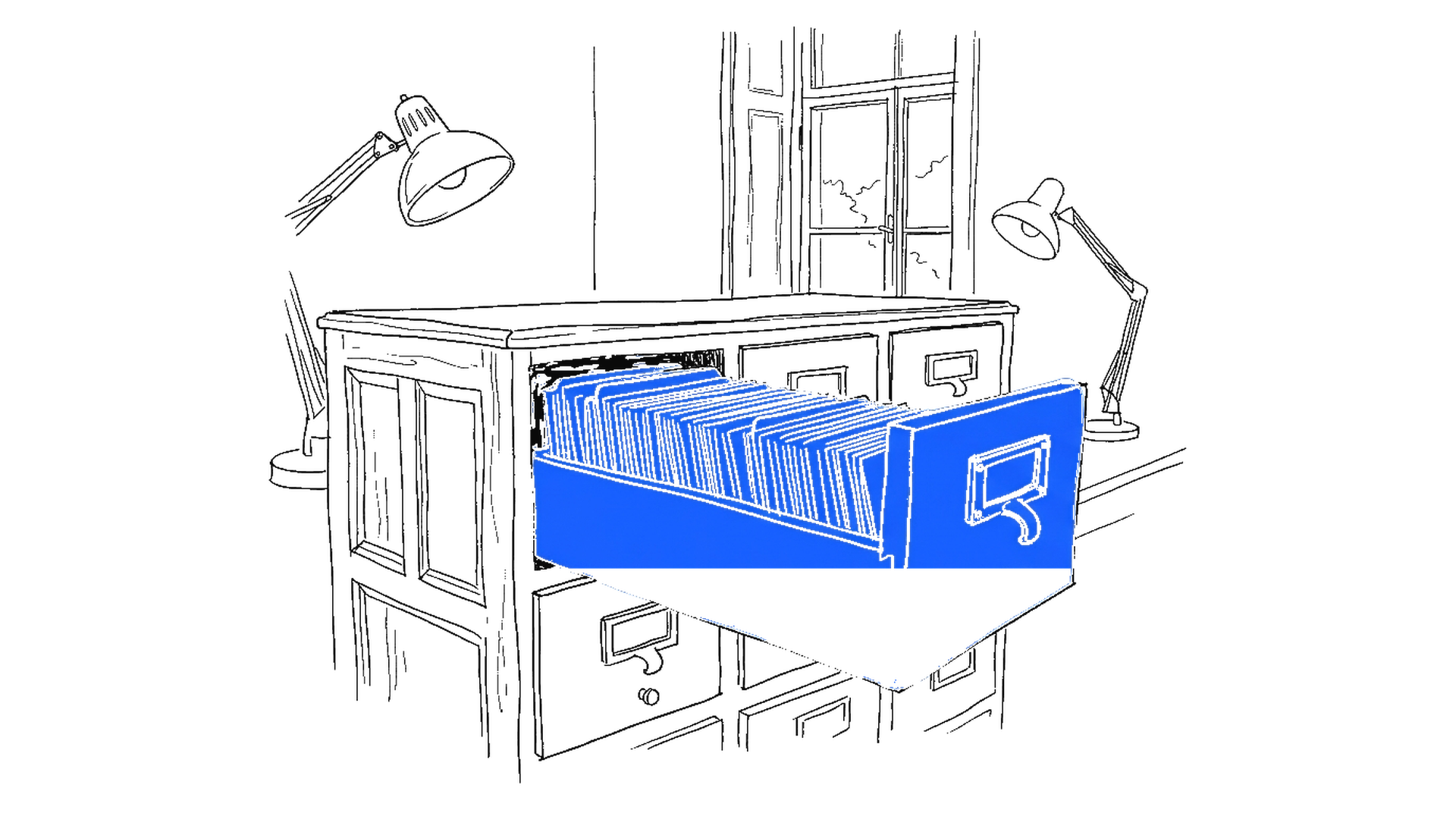 Illustration eines Karteikartenschranks mit offener Schublade, kinewsletter.ch Stil