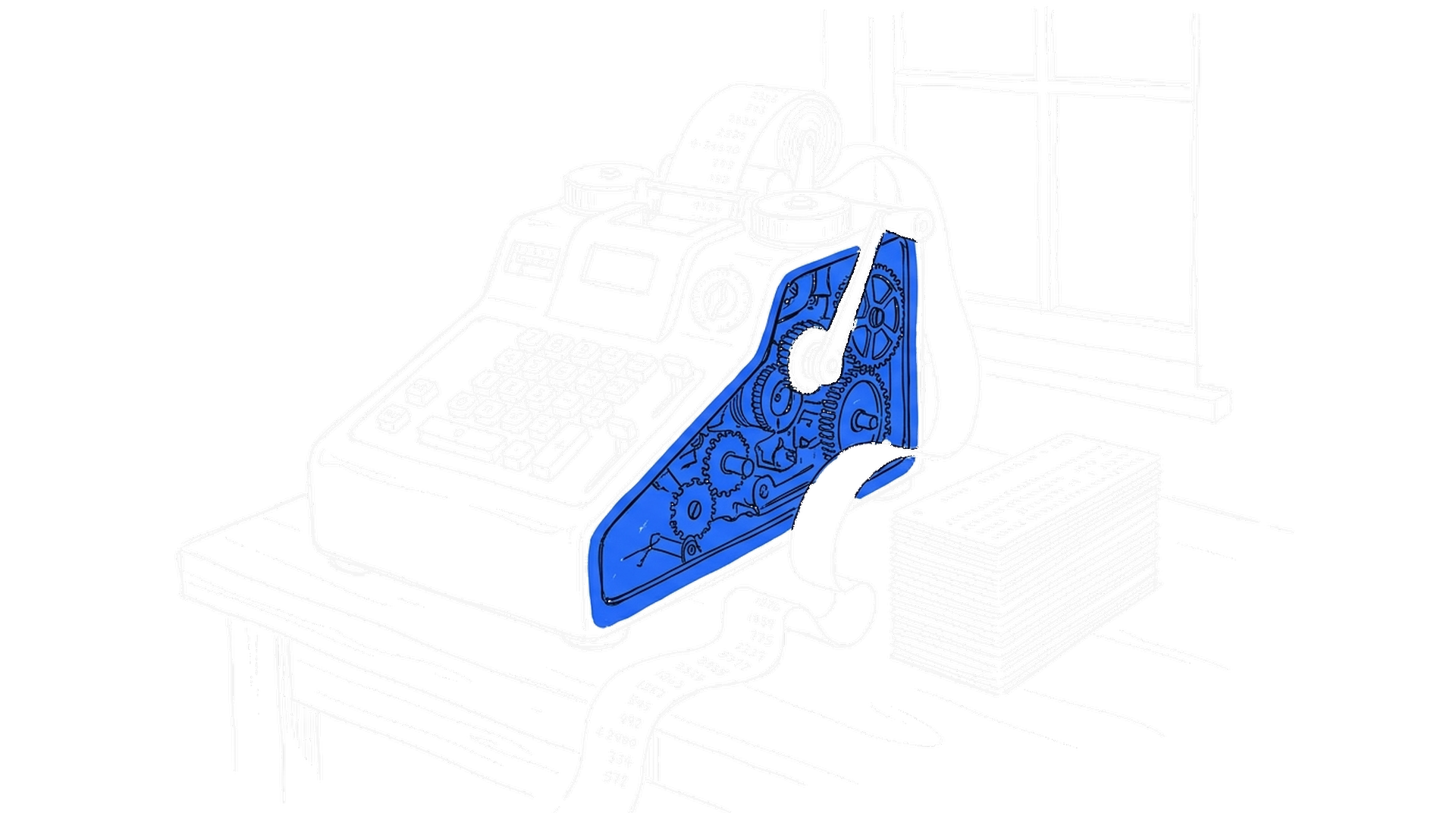 Illustration einer mechanischen Rechenmaschine mit Papierstreifen und Lochkartenstapel auf einer Werkbank, kinewsletter.ch Stil