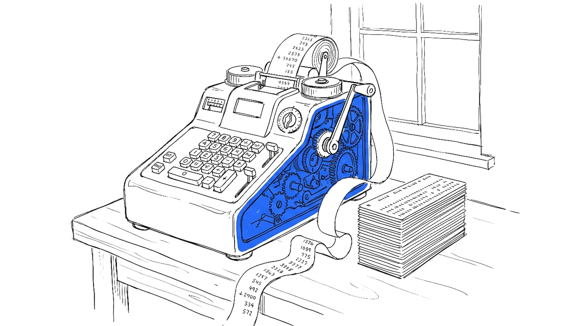 Illustration einer mechanischen Rechenmaschine mit Papierstreifen und Lochkartenstapel auf einer Werkbank, kinewsletter.ch Stil