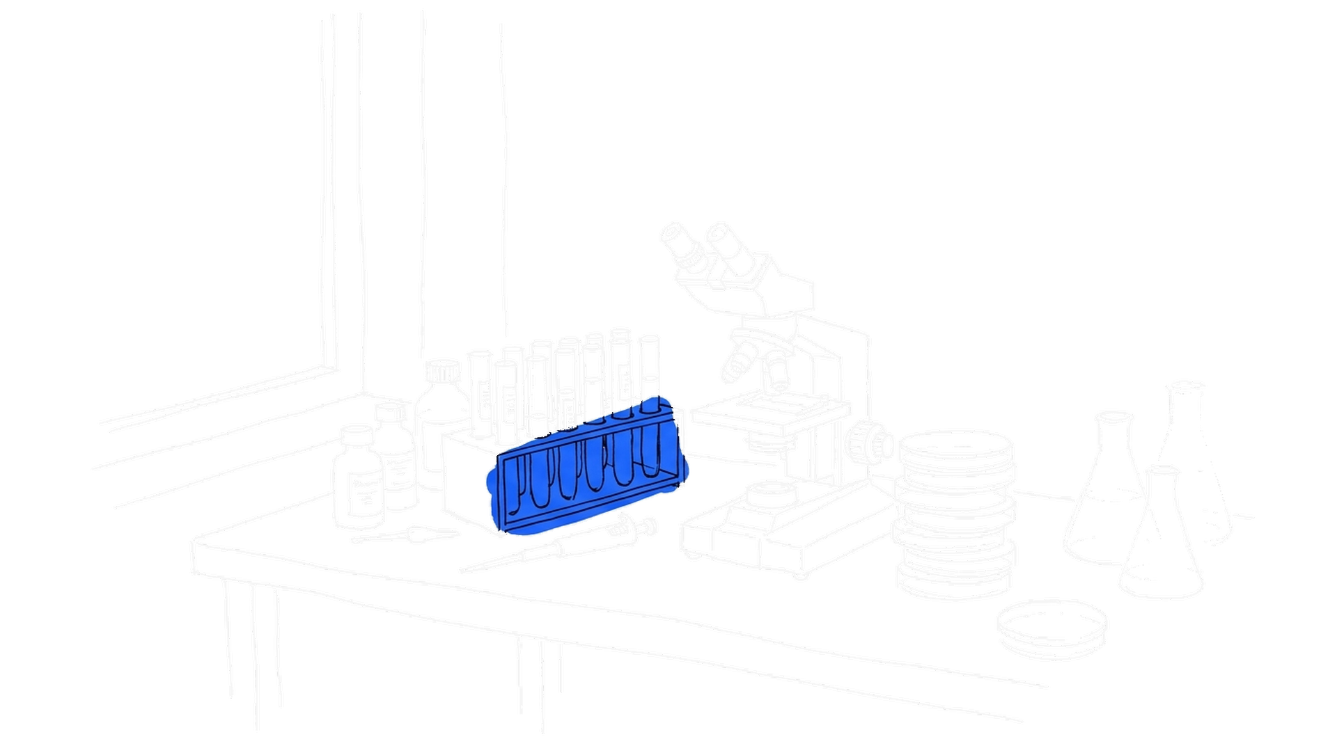 Illustration einer Laborwerkbank mit Reagenzglasgestell, Mikroskop und Petrischalen, kinewsletter.ch Stil