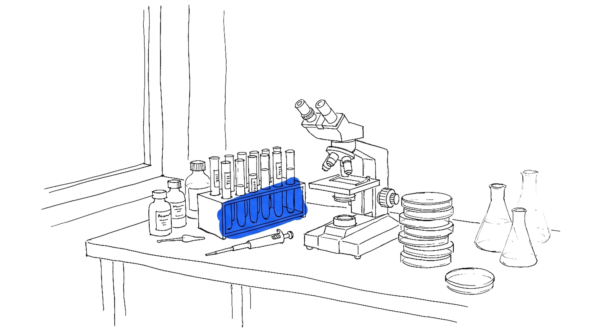 Illustration einer Laborwerkbank mit Reagenzglasgestell, Mikroskop und Petrischalen, kinewsletter.ch Stil