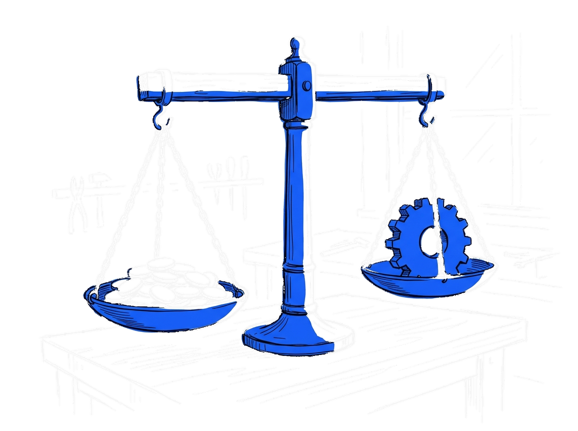 Illustration einer Balkenwaage mit Münzen gegen ein Zahnrad in einer Werkstatt, kinewsletter.ch Stil
