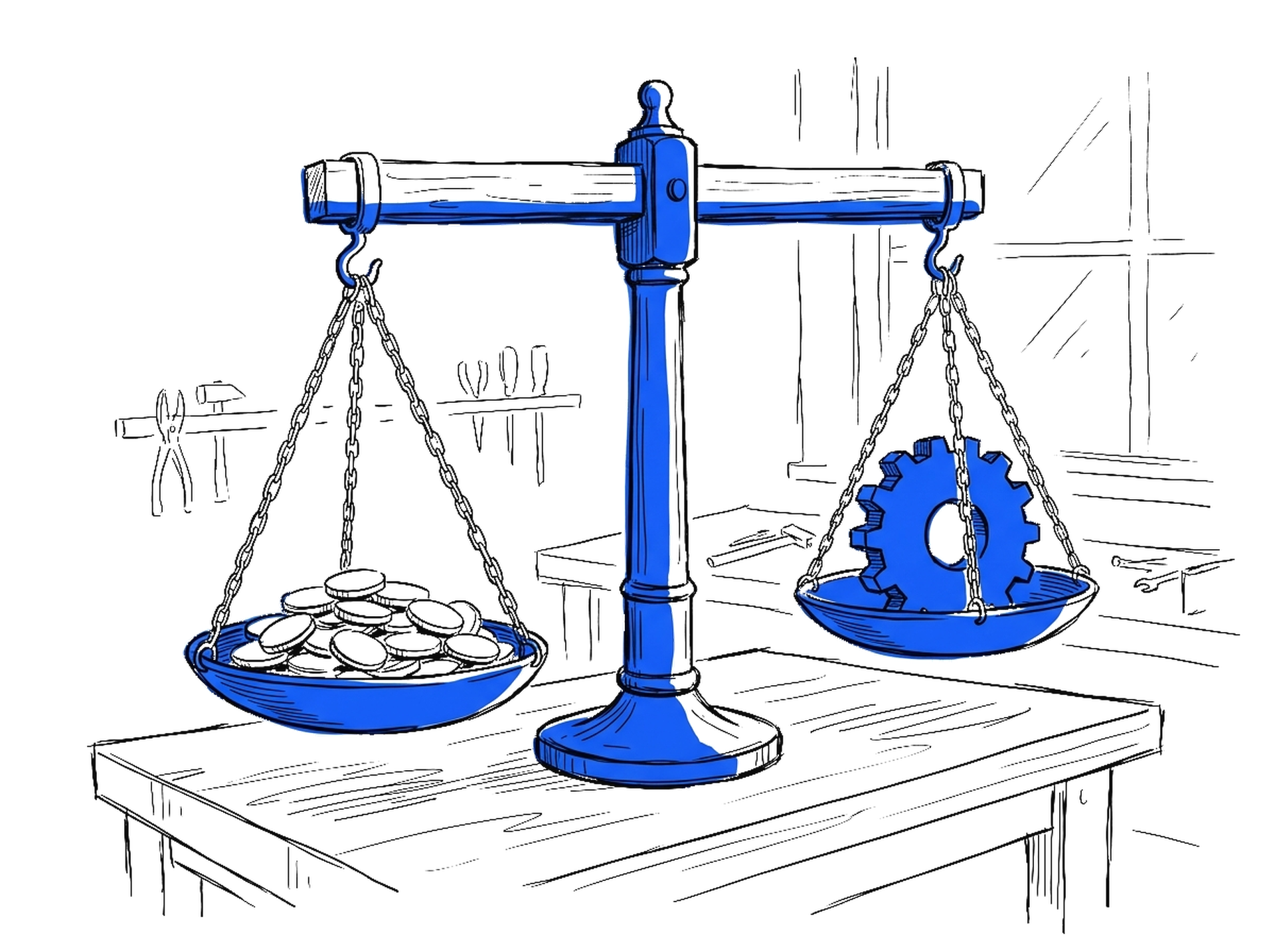 Illustration einer Balkenwaage mit Münzen gegen ein Zahnrad in einer Werkstatt, kinewsletter.ch Stil