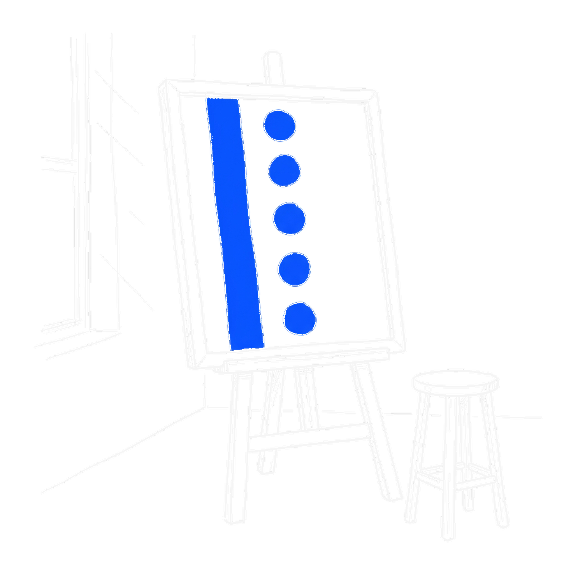 Illustration einer Wandtafel auf Staffelei mit blauer senkrechter Linie und Punkten, kinewsletter.ch Stil