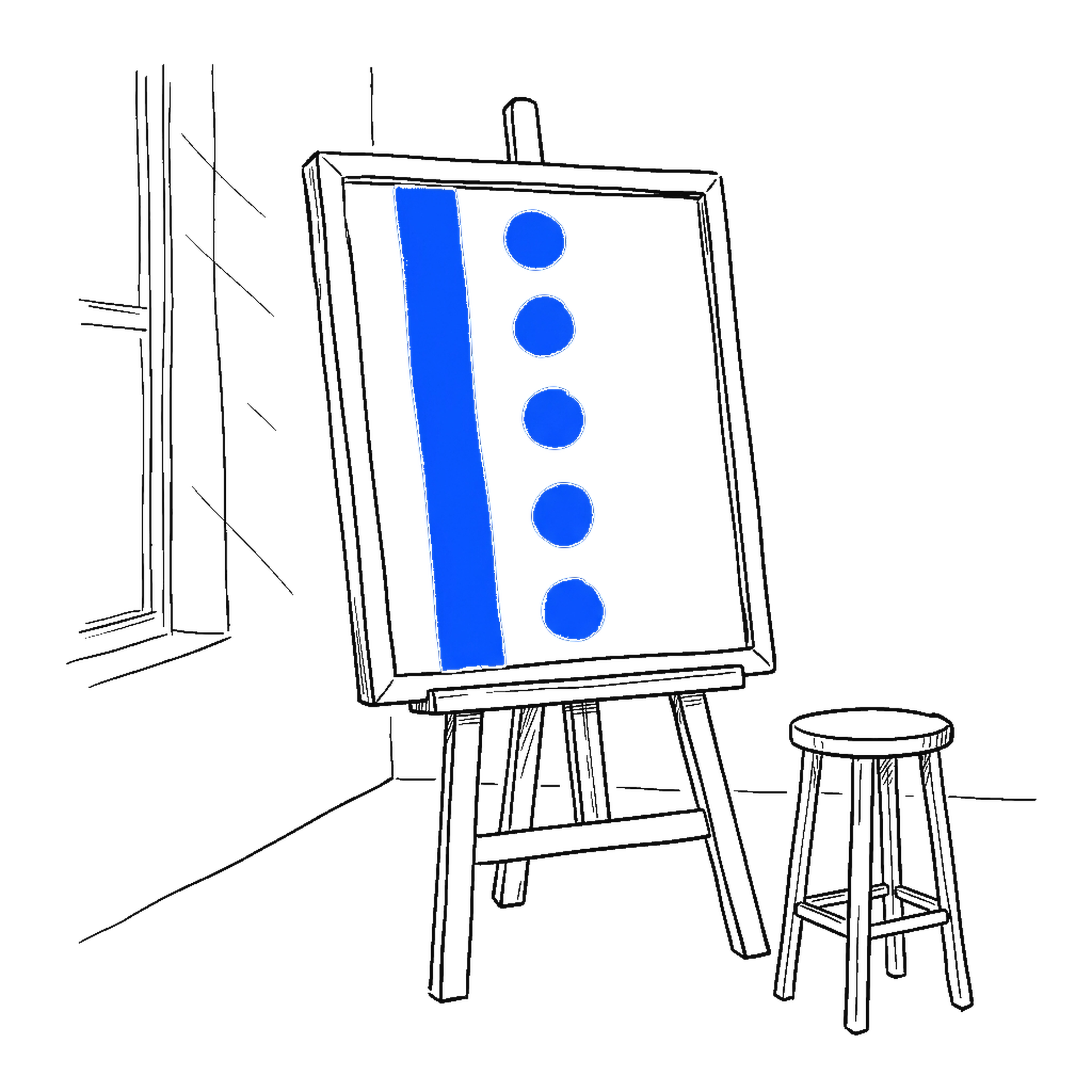 Illustration einer Wandtafel auf Staffelei mit blauer senkrechter Linie und Punkten, kinewsletter.ch Stil