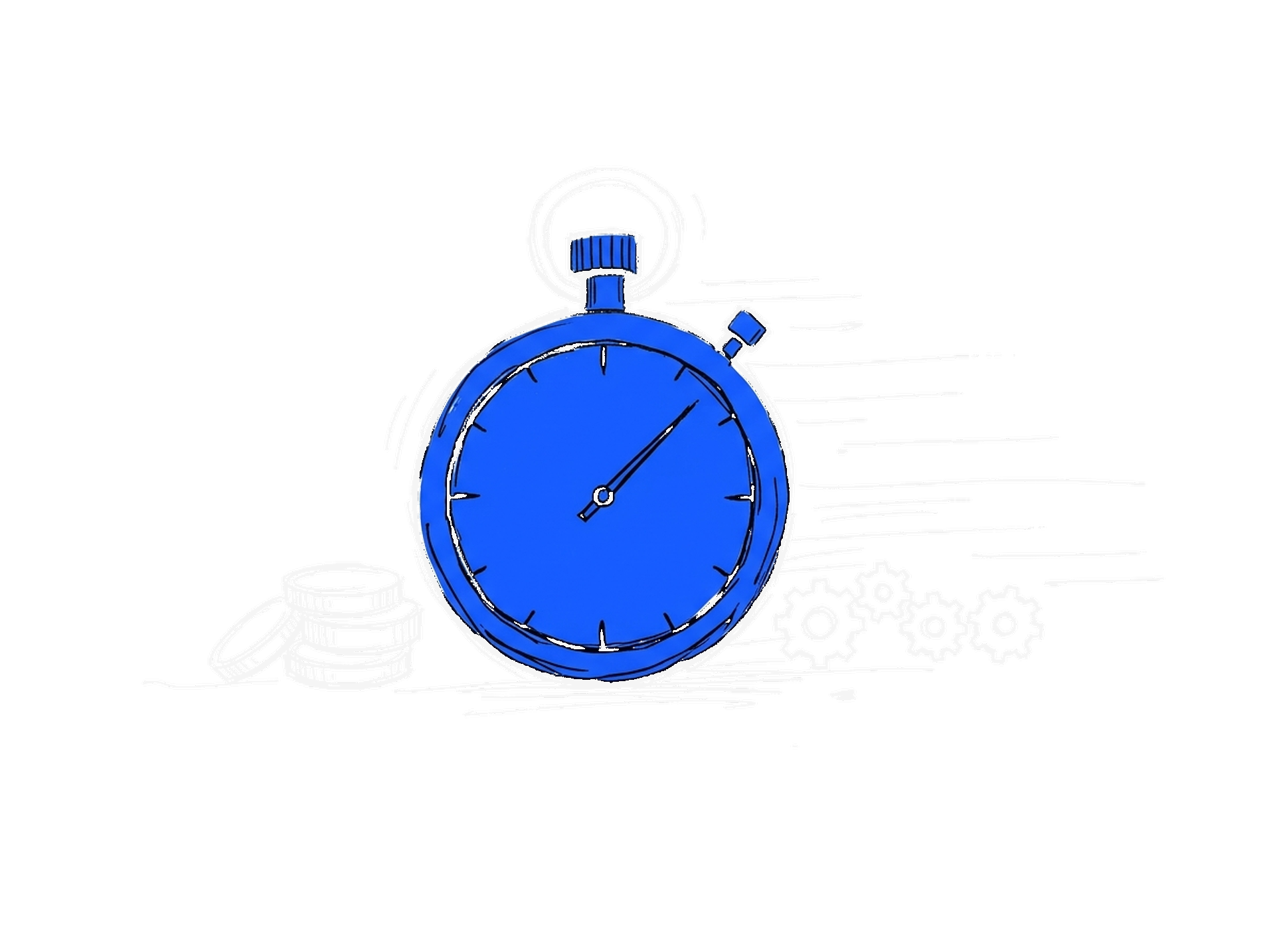 Handgezeichnete Skizze einer grossen blauen Stoppuhr neben einem Münzstapel und Zahnrädern, dahinter Tempo-Linien