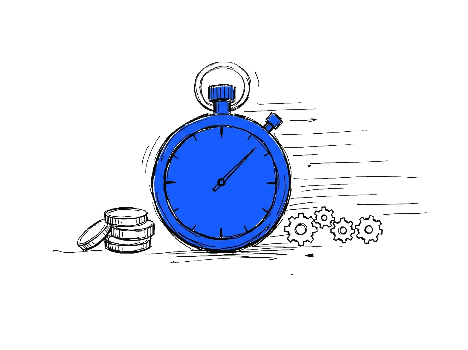 Handgezeichnete Skizze einer grossen blauen Stoppuhr neben einem Münzstapel und Zahnrädern, dahinter Tempo-Linien