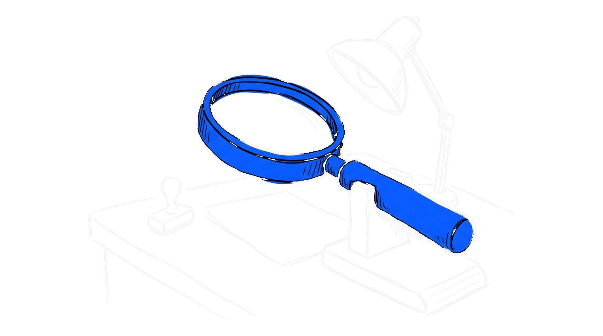 Illustration eines Papierbogens unter einer Prüflampe mit Lupe auf einem Archivtisch, kinewsletter.ch Stil