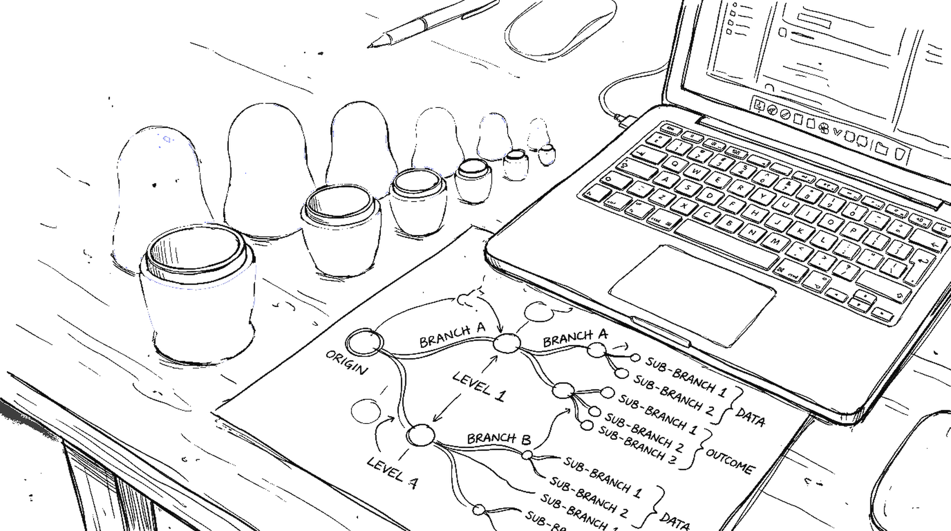 Skizze eines Laptops mit verschachteltem Baumdiagramm auf Papier, kinewsletter.ch Stil