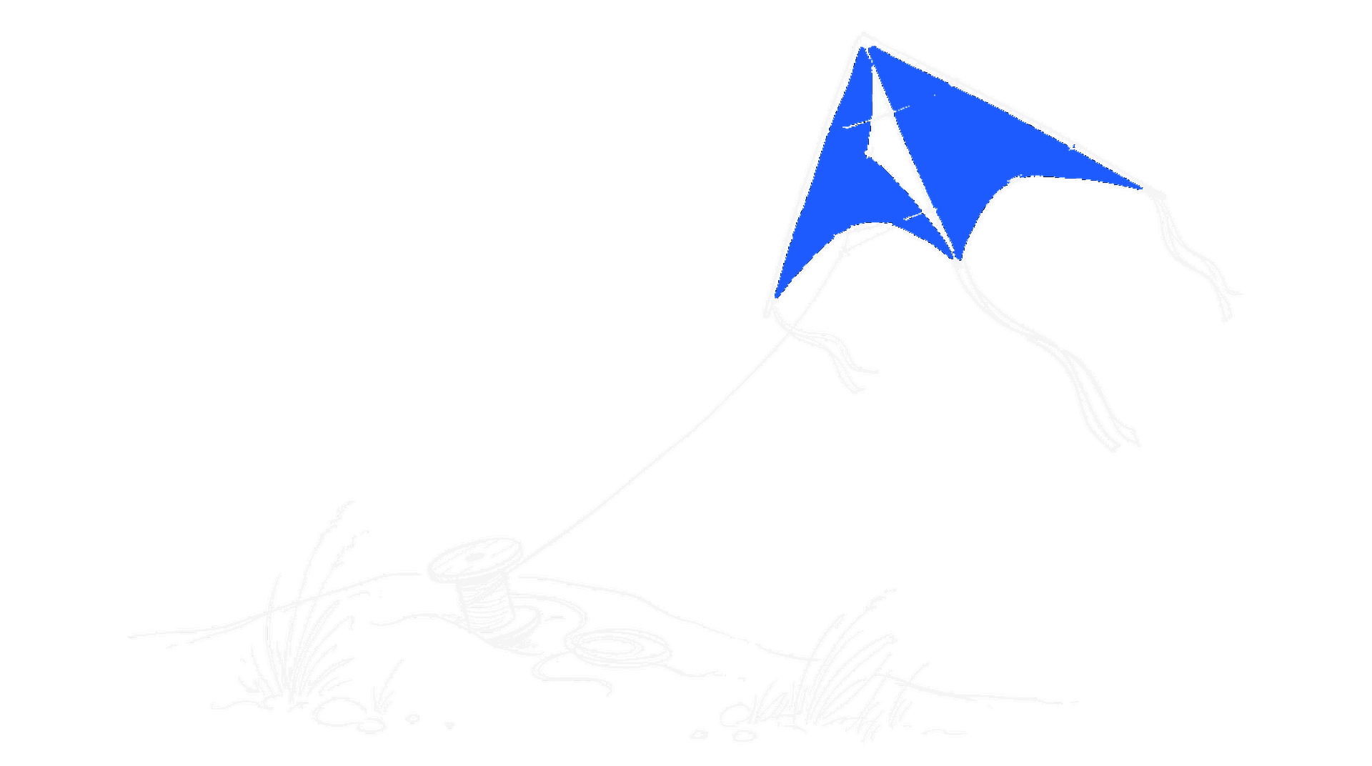 Illustration eines elektroblauen Lenkdrachens an gespannter Leine über einer Düne mit Schnurspule im Sand, kinewsletter.ch Stil