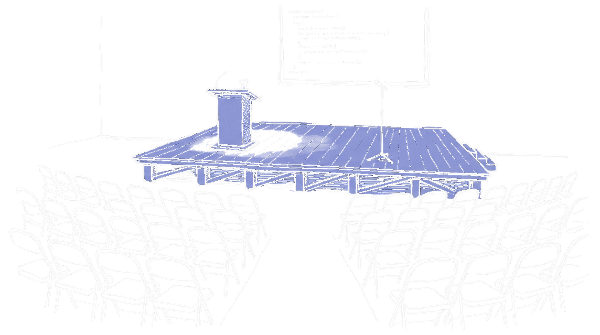 Holzauditorium-Bühne mit Mikrofon, Diaprojektor, Stuhlreihen, Dark Mode, kinewsletter.ch Stil