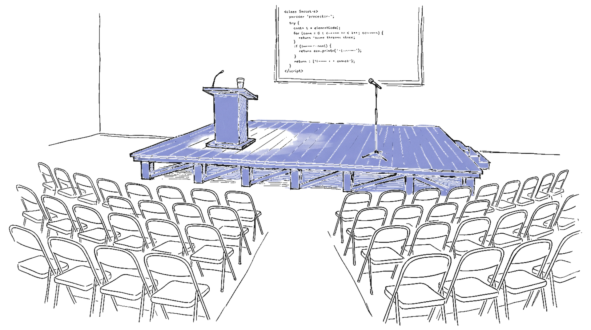 Holzauditorium-Bühne mit Mikrofon, Diaprojektor mit Code-Slide, Stuhlreihen, Wasserglas am Pult, kinewsletter.ch Stil