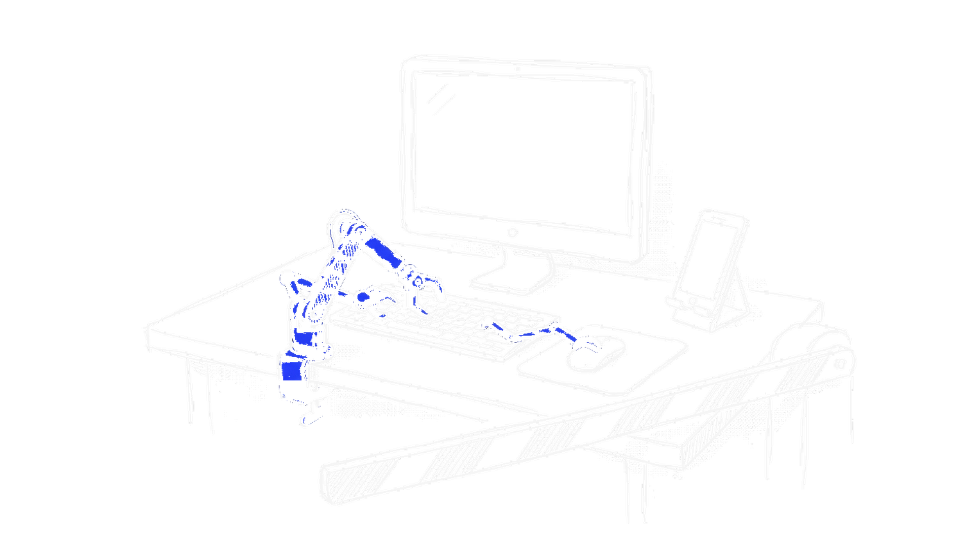Skizze eines Schreibtisches, an dem ein elektroblauer Roboterarm Tastatur und Maus bedient, ein Smartphone auf einem Ständer, eine Schranke vor dem Tisch (Dark)
