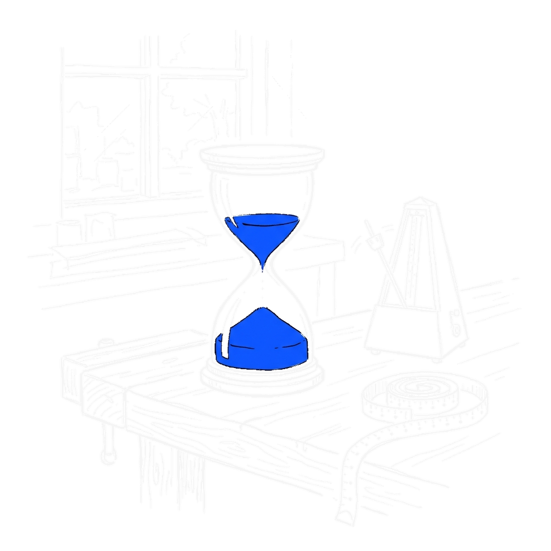 Illustration einer Sanduhr mit elektroblauem Sand neben einer stehengebliebenen Werkstattuhr, kinewsletter.ch Stil