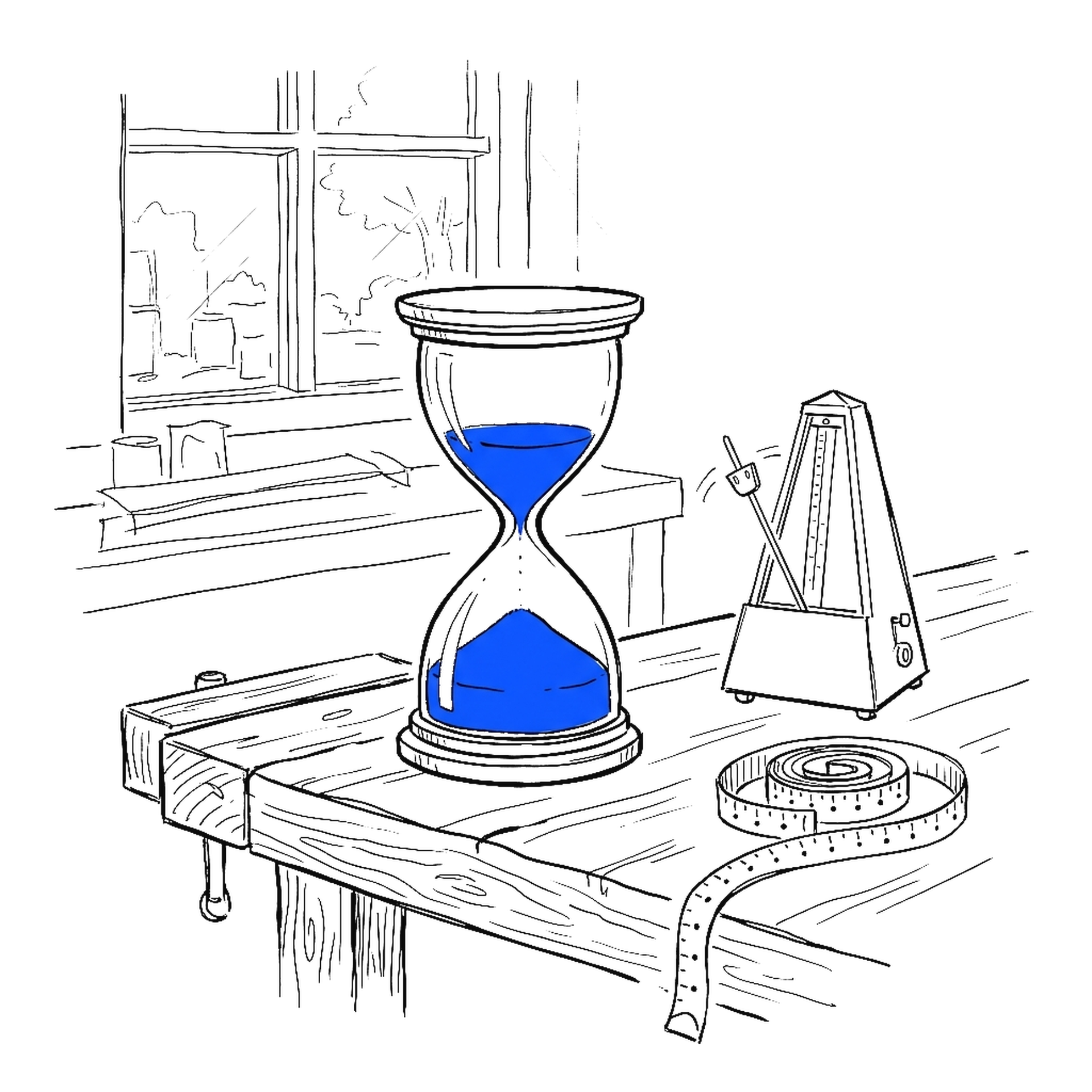 Illustration einer Sanduhr mit elektroblauem Sand neben einer stehengebliebenen Werkstattuhr, kinewsletter.ch Stil