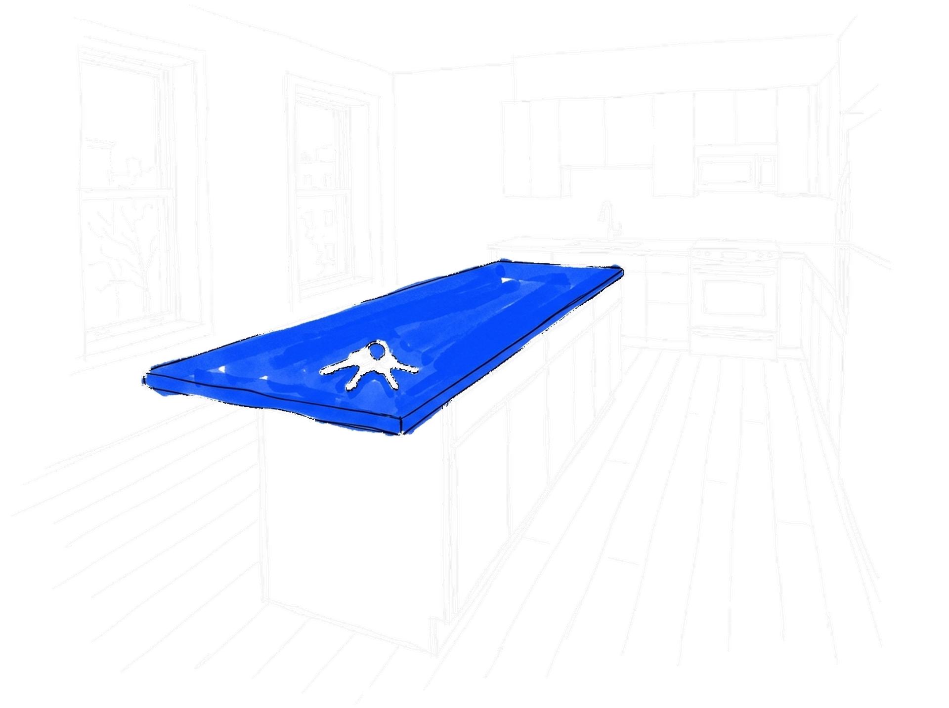 Illustration einer Küche mit Kücheninsel und Holzboden, kinewsletter.ch Stil