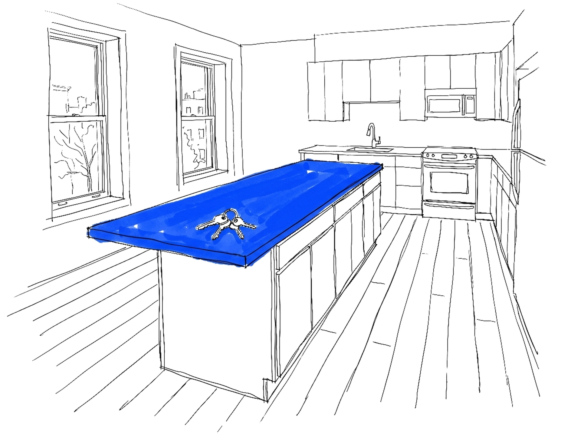Illustration einer Küche mit Kücheninsel und Holzboden, kinewsletter.ch Stil