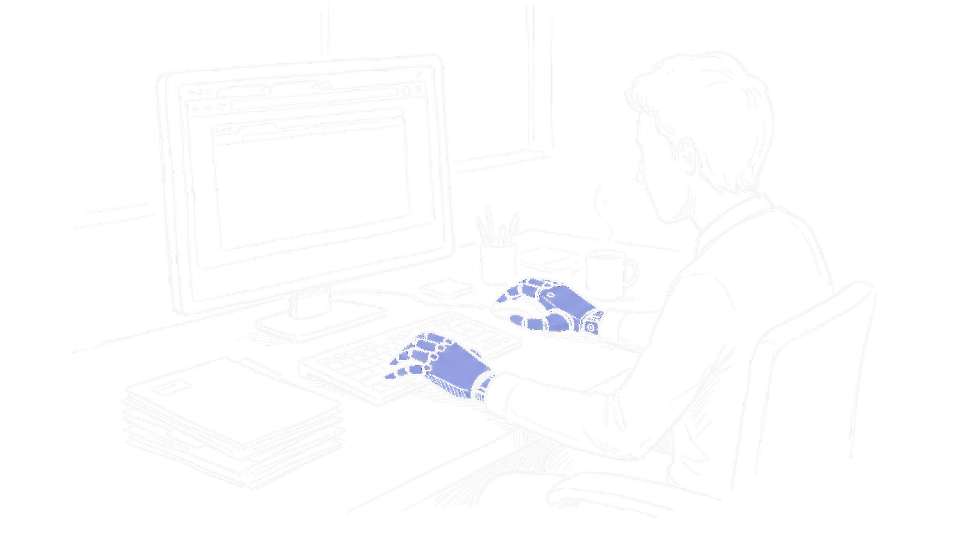 Skizze Bueroarbeiter am Bildschirm mit blauer Roboter-Hand auf der Tastatur (Dark)