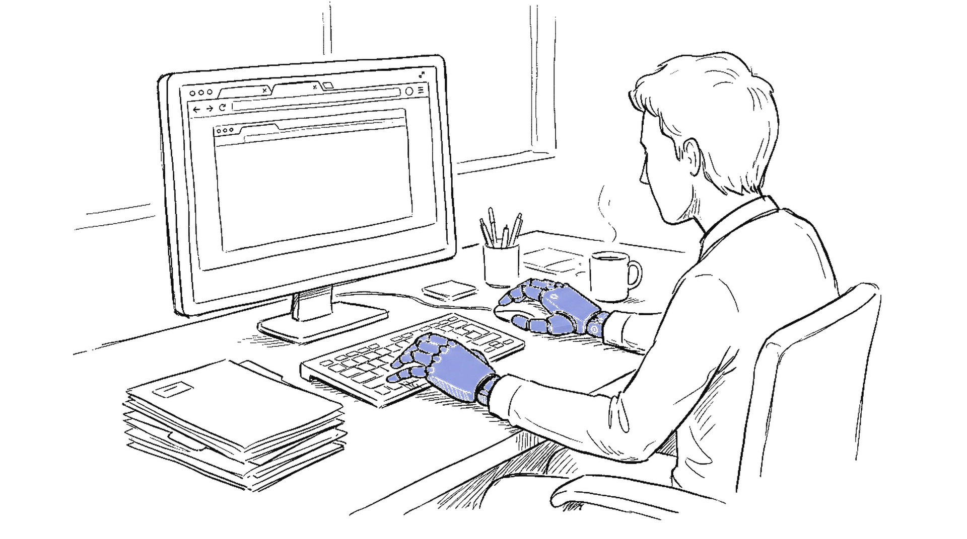 Skizze Büroarbeiter am Bildschirm mit blauer Roboter-Hand auf der Tastatur